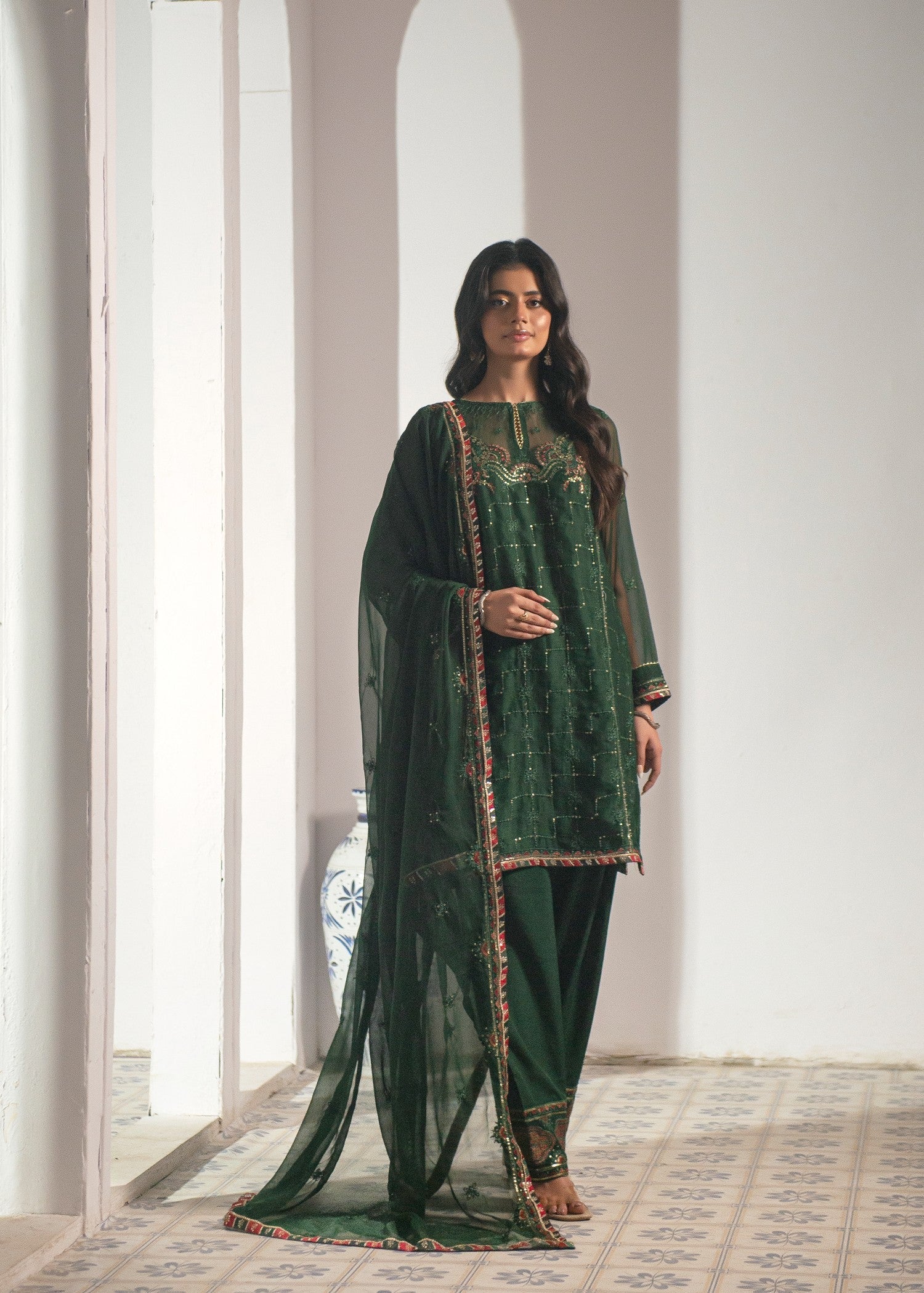 chiffon Kurta Set in Green