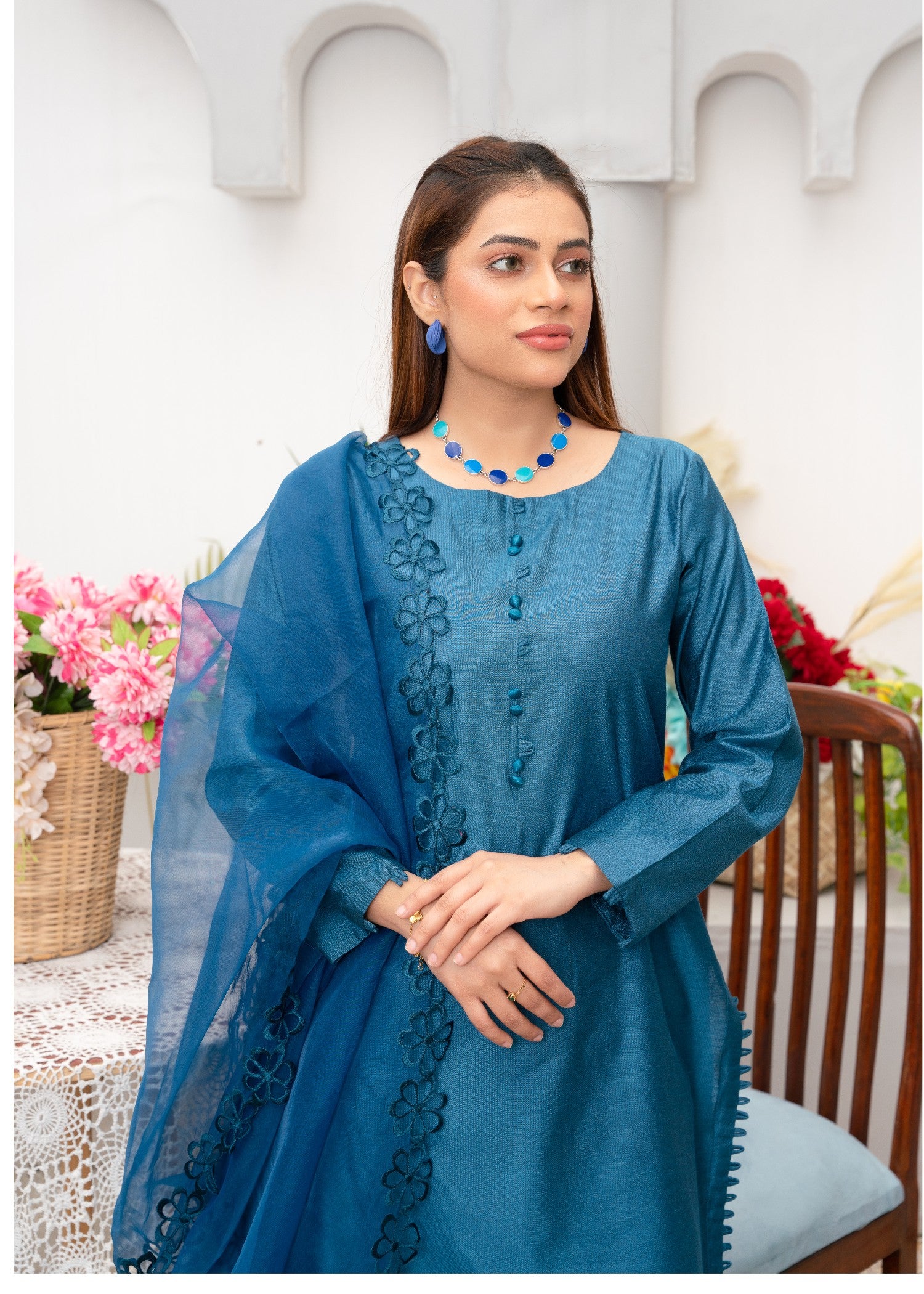 khaddi silk Kurta Set in Yale blue