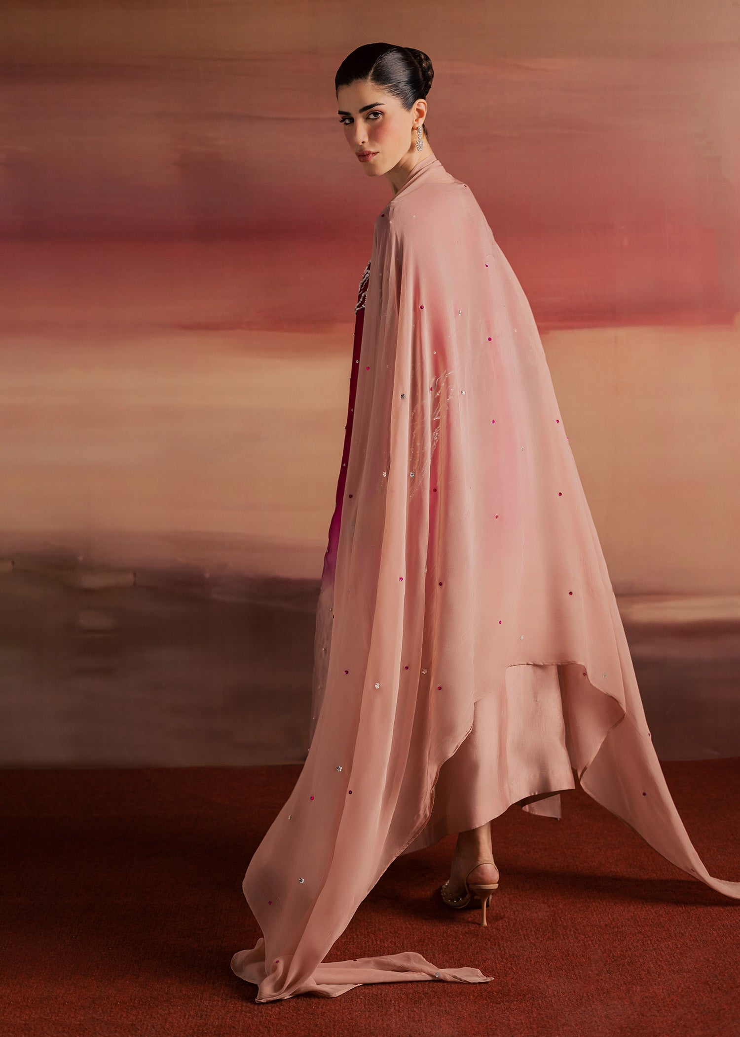 tussar silk Kaftan in Crimson