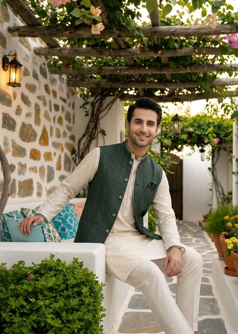 jamawar Waistcoat in Green by Dulha Fashion House