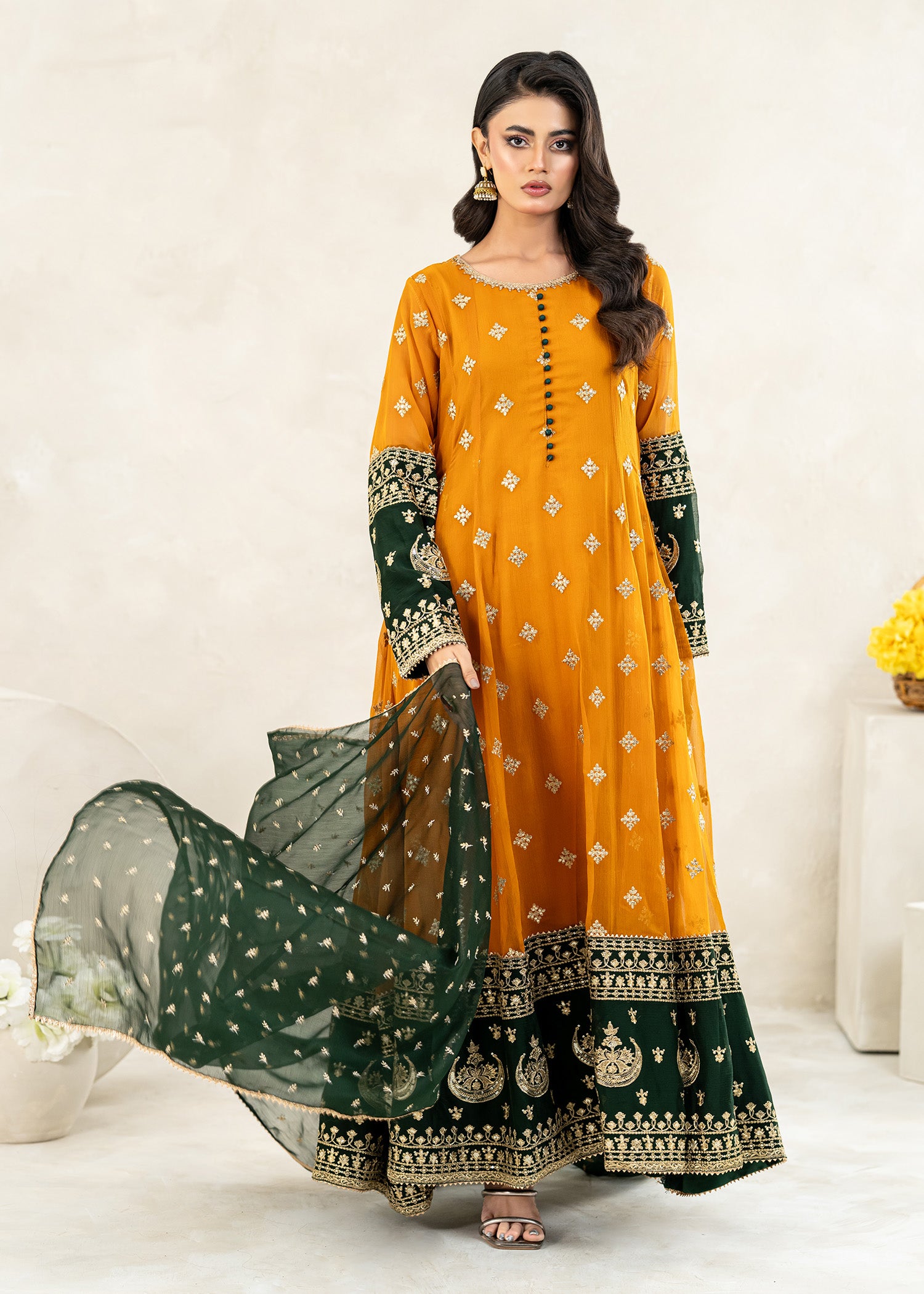 chiffon Anarkali in Mustard