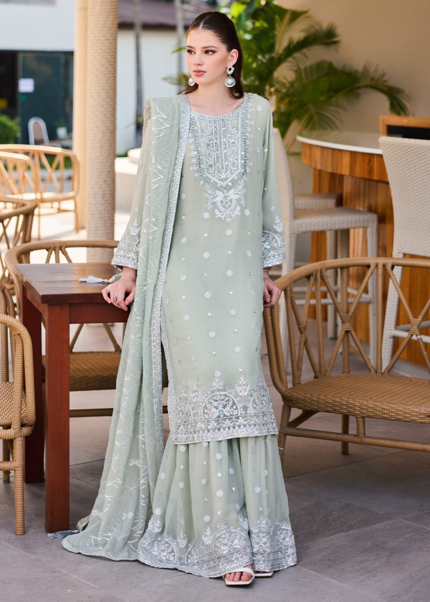 chiffon Gharara in Moss green