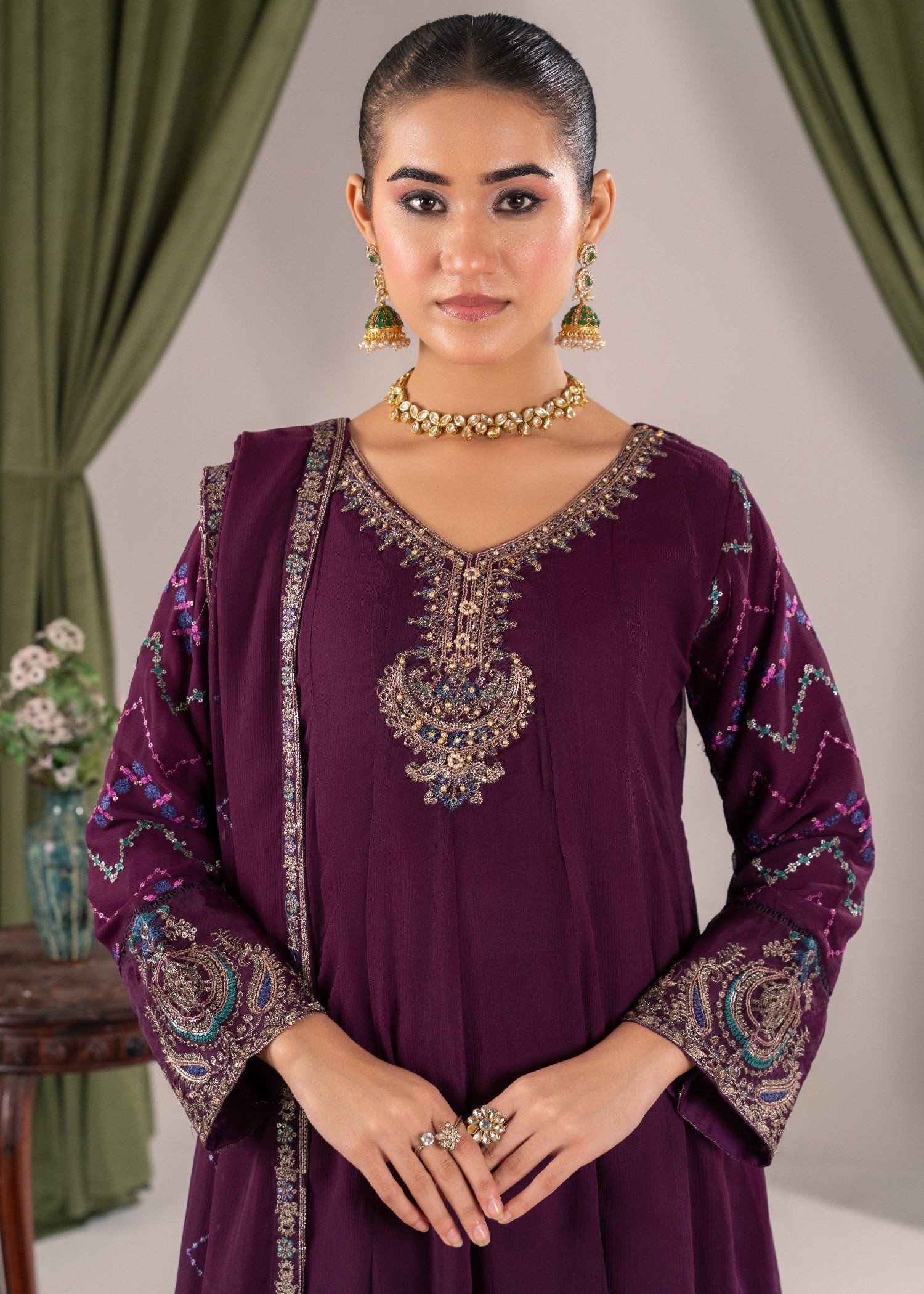 crinkle chiffon Pishwas in Purple