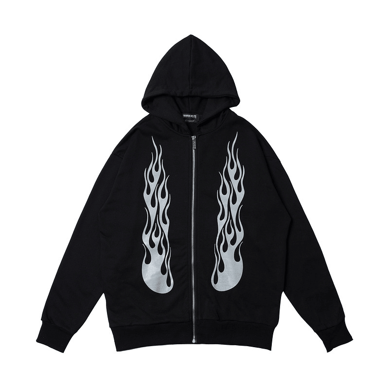 Dark Rock Reflective Flame Print Hoodie Men'S Sports Cardigan