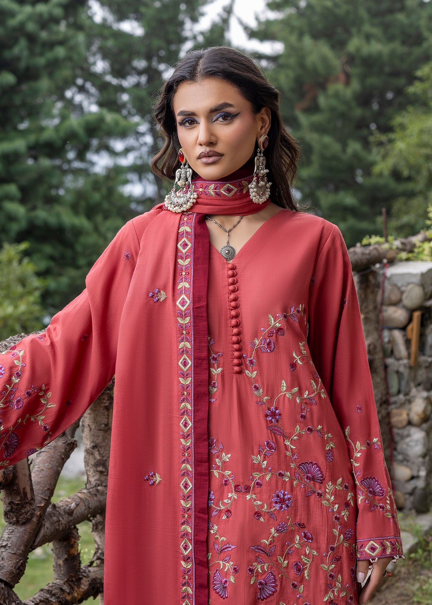 khaddar Kurta Set in Coral red