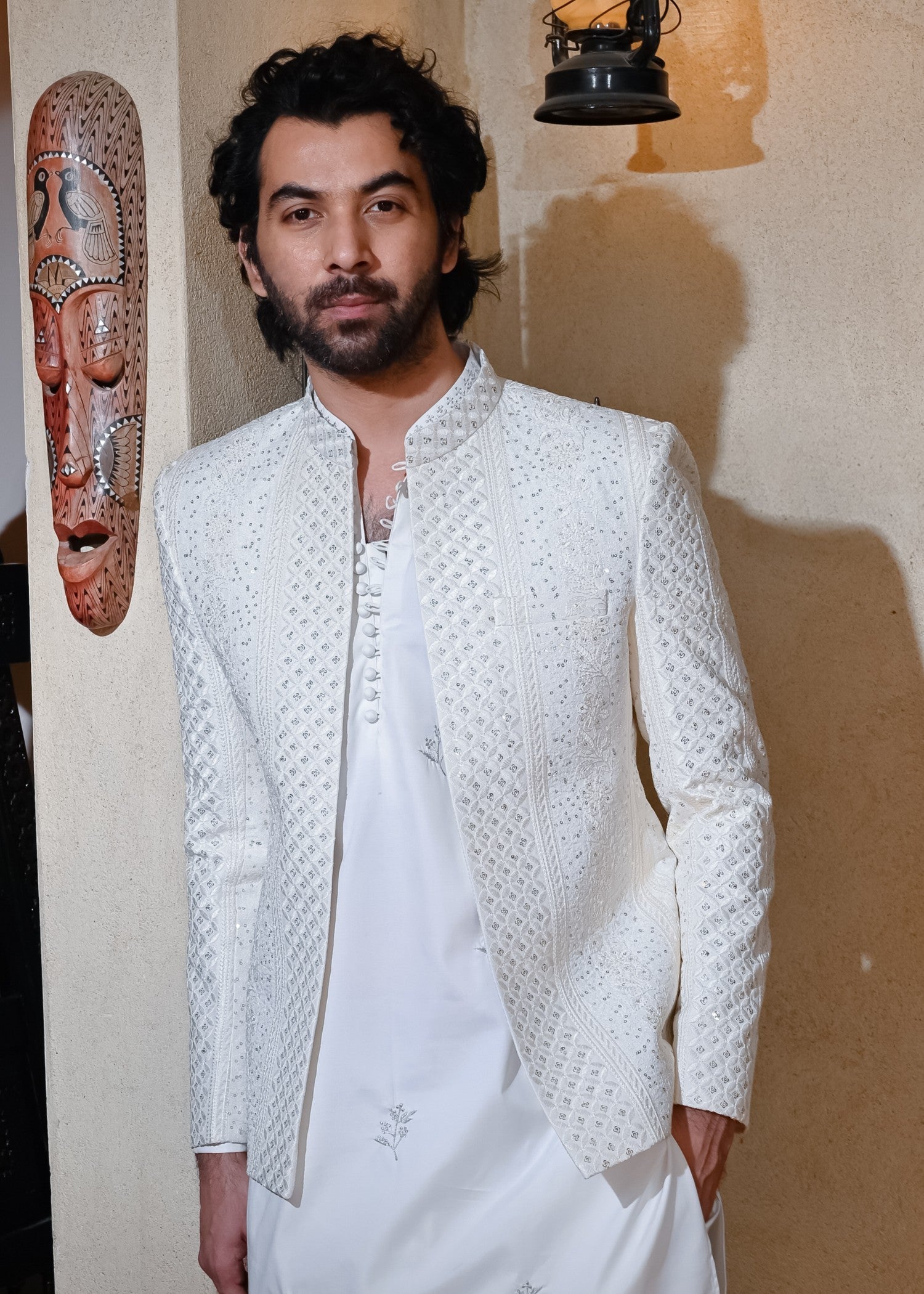 raw silk Prince Coat in Off-white
