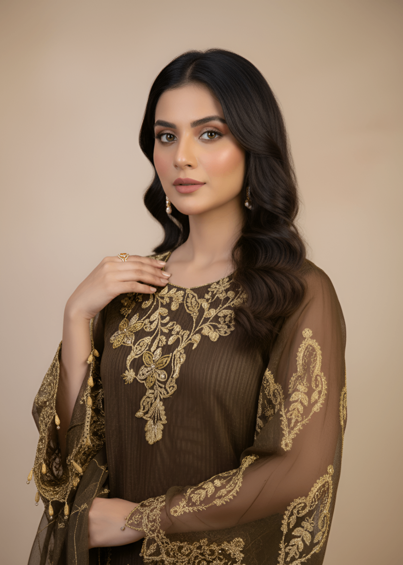 khaddi net Short Frock in Chocolate brown, coffee brown
