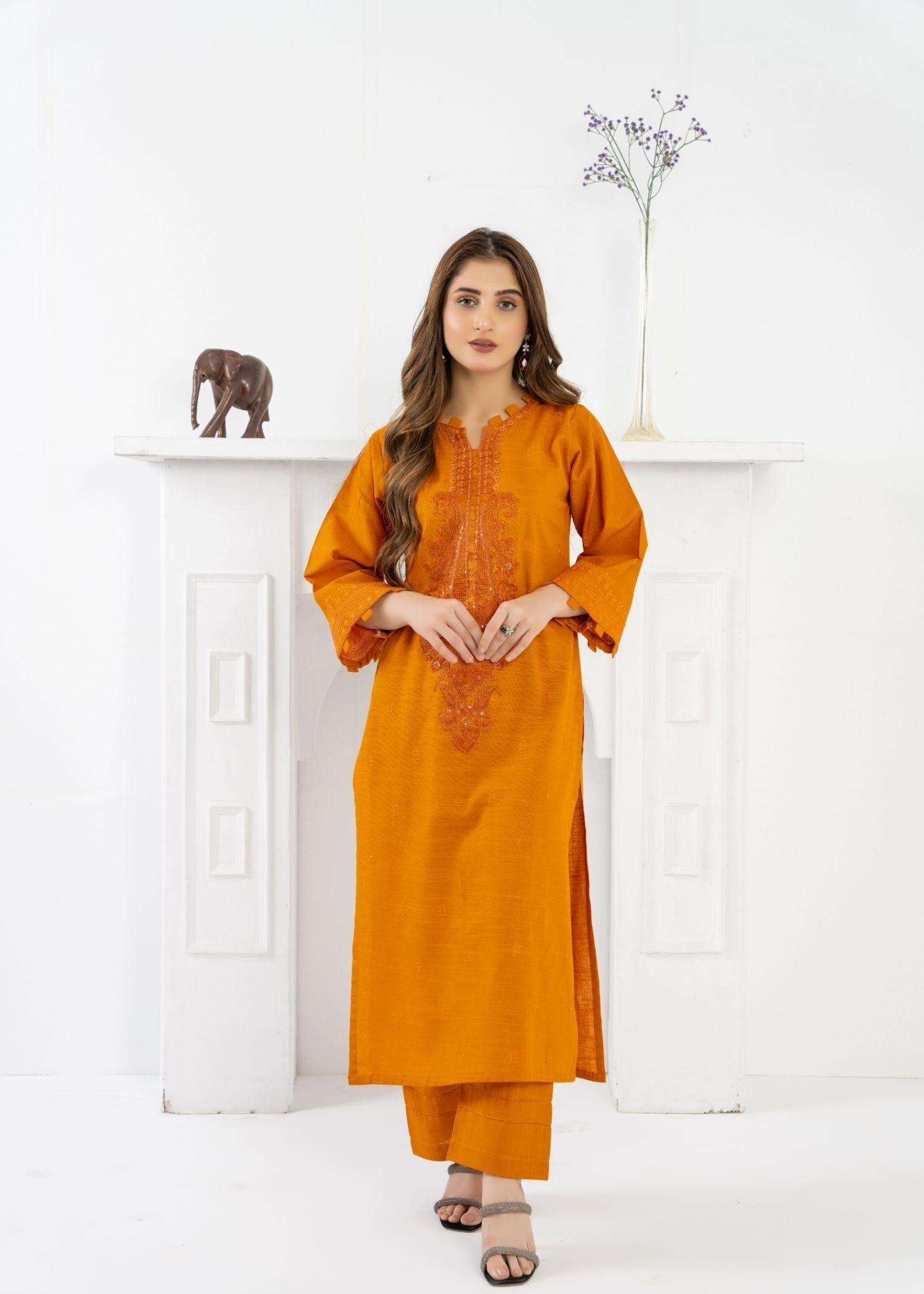 slub khaddar Kurta Set in Mustard