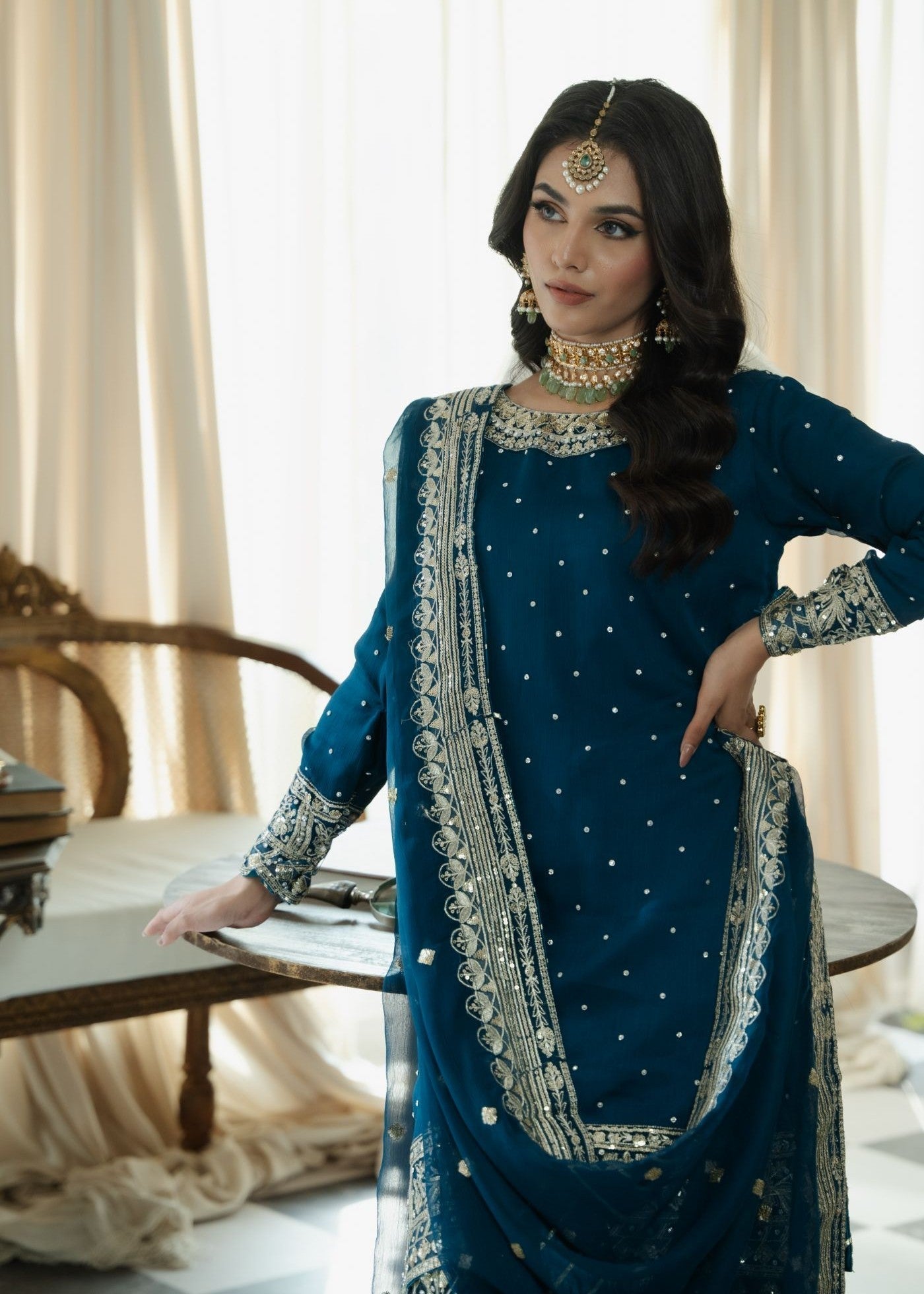 chiffon Gharara in Dark blue