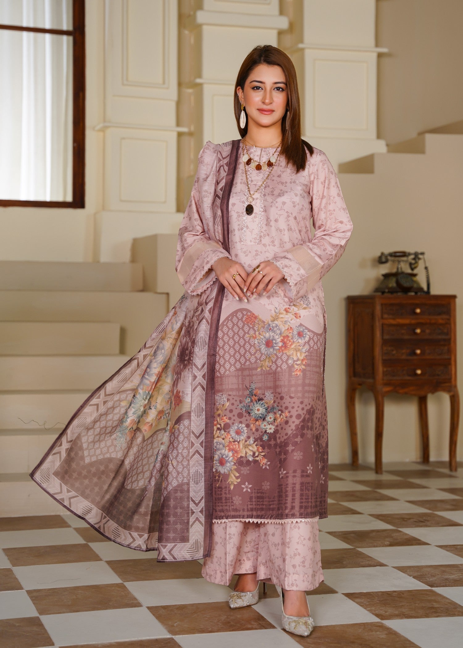 poly lawn Kurta Set in Peach pink