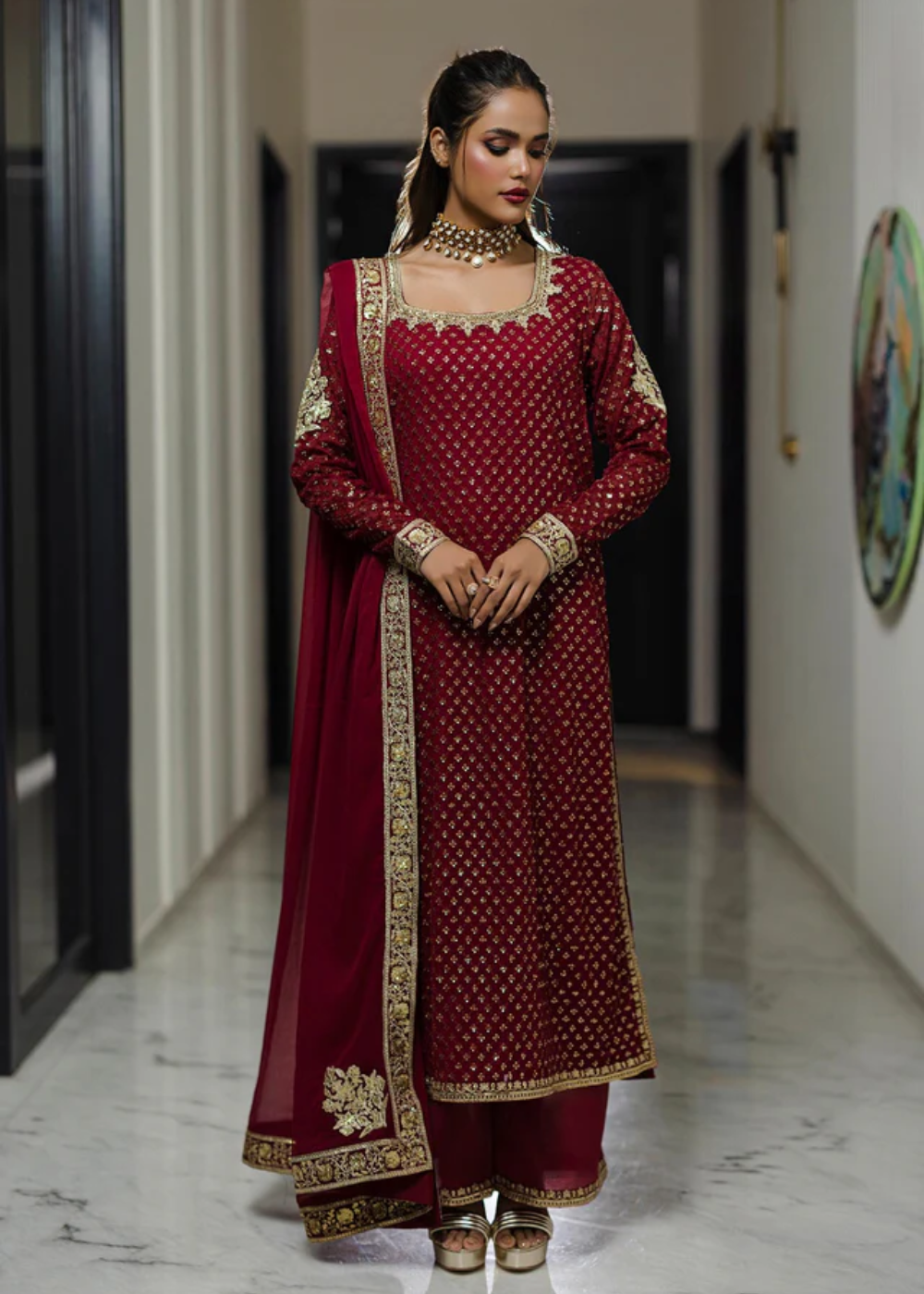 pure silk chiffon Kurta Set in Venetian red