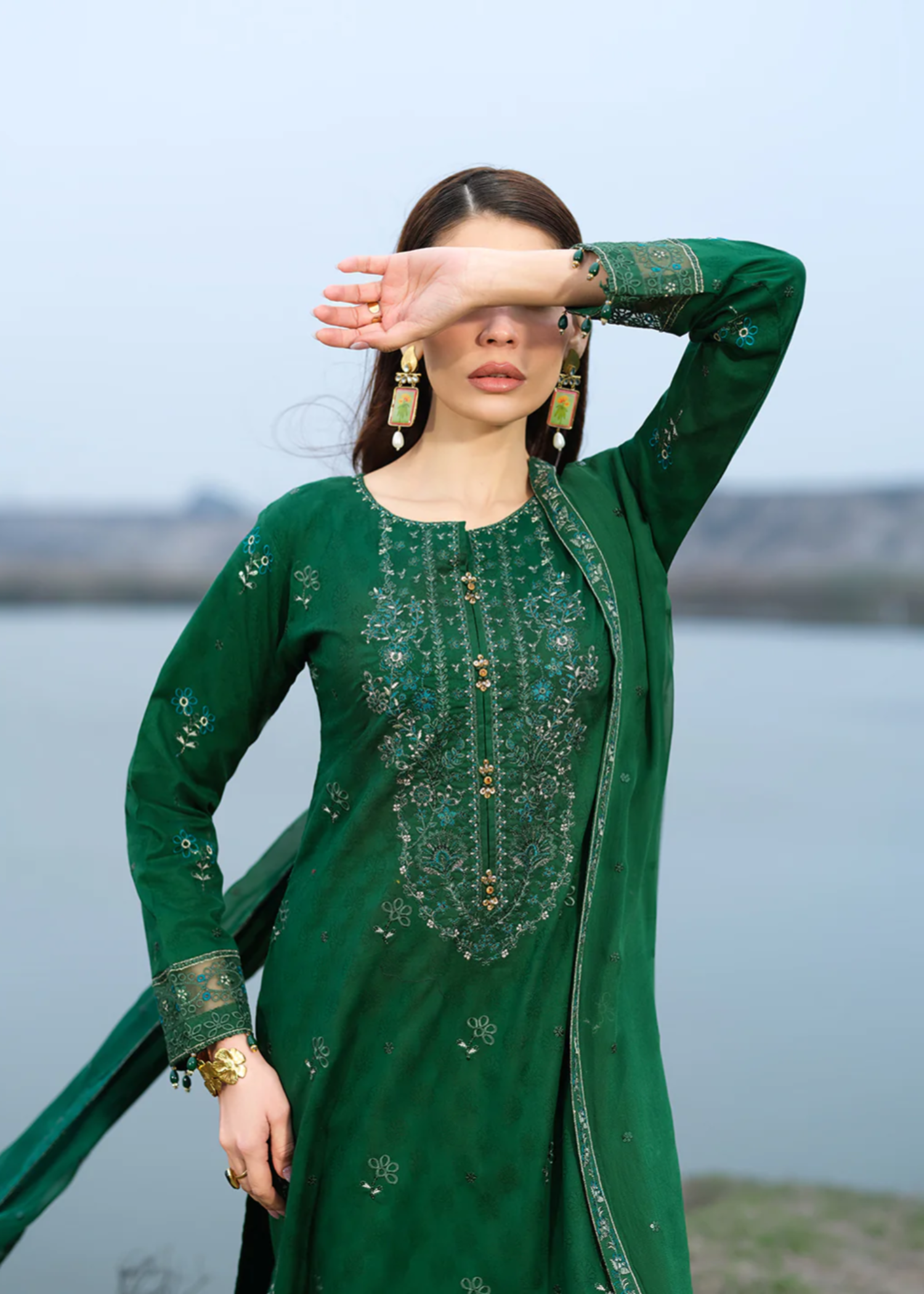jacquard Kurta Set in Green