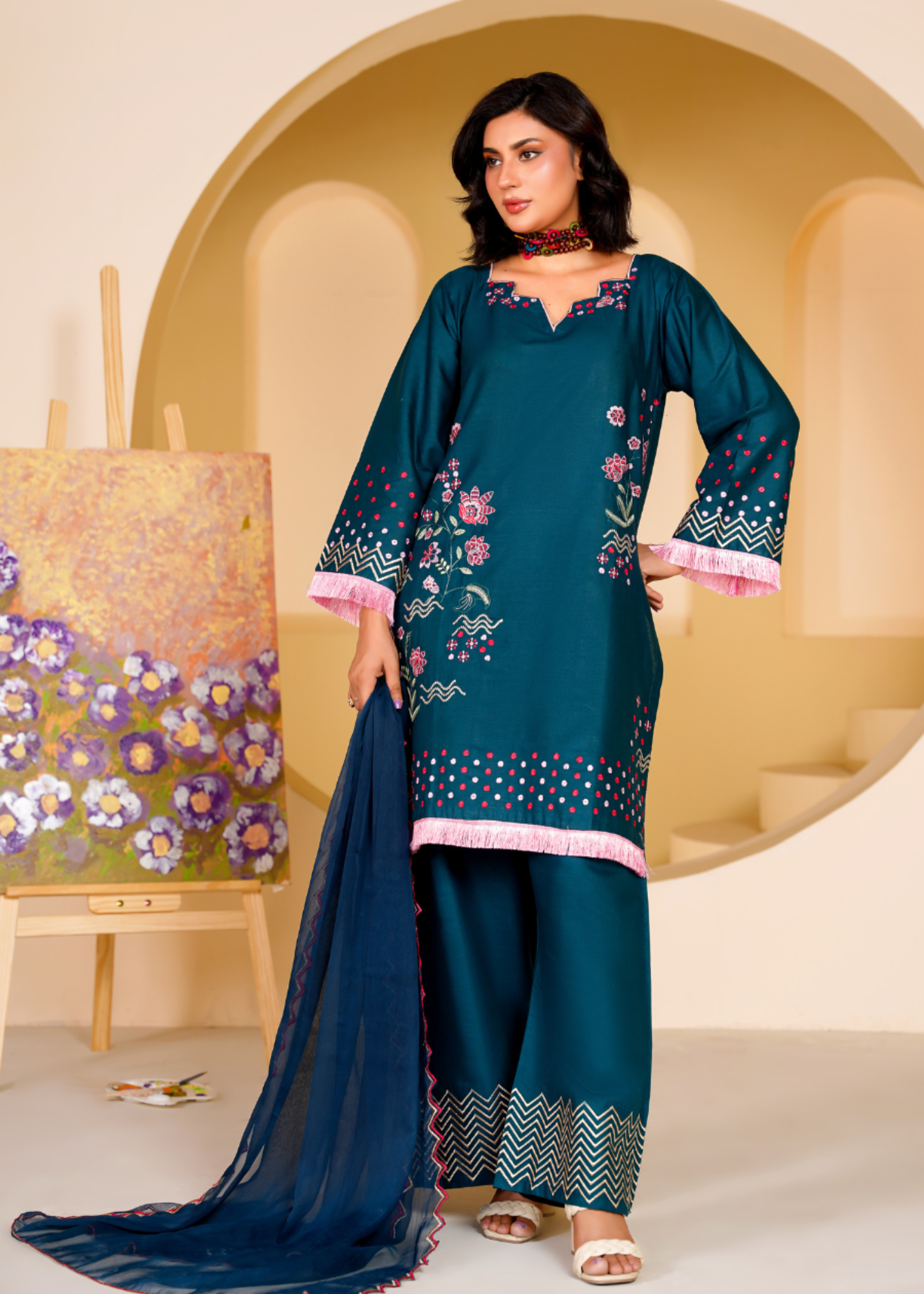 lawn cotton Kurta Set in Steel blue