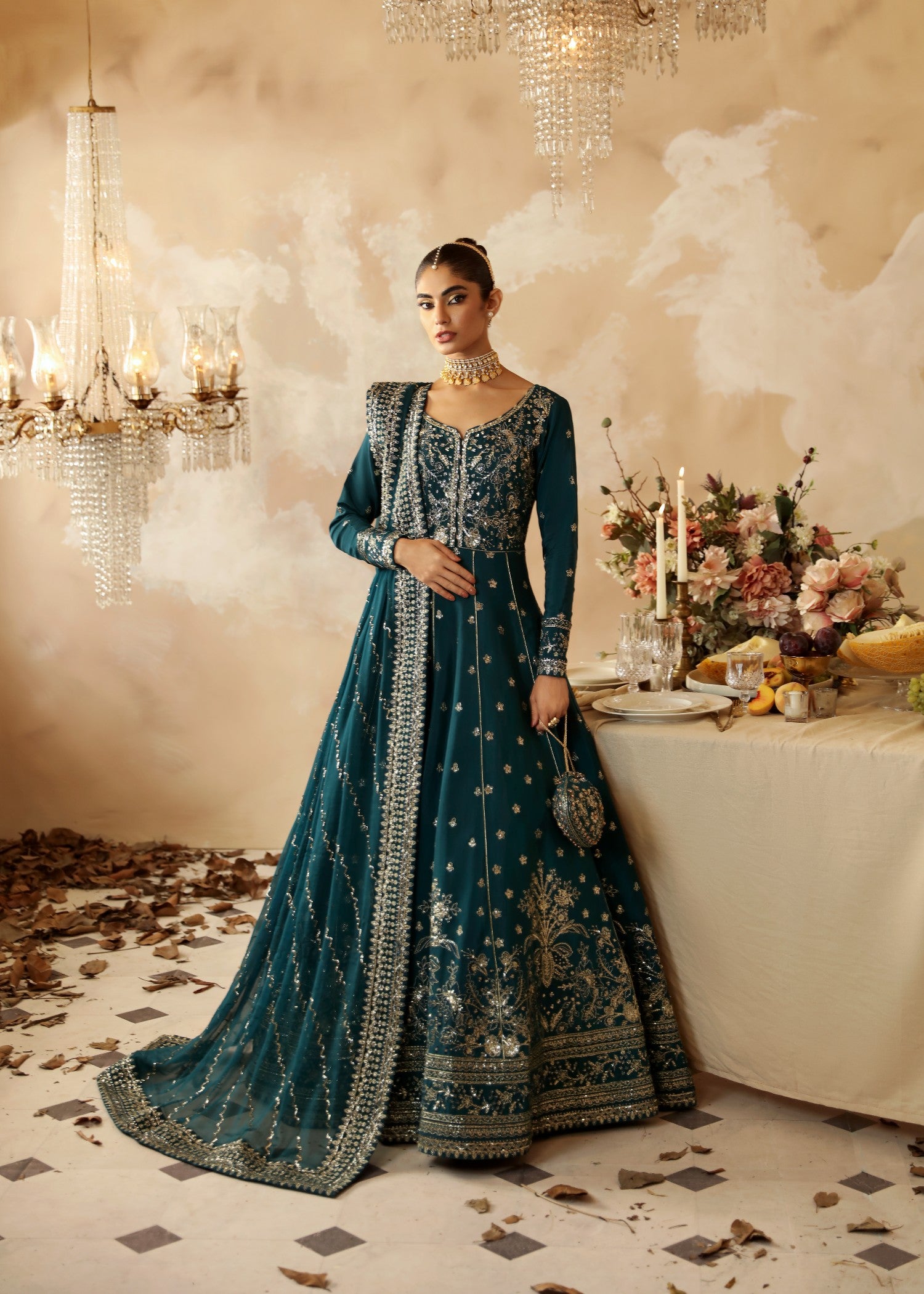 silk Pishwas in Teal