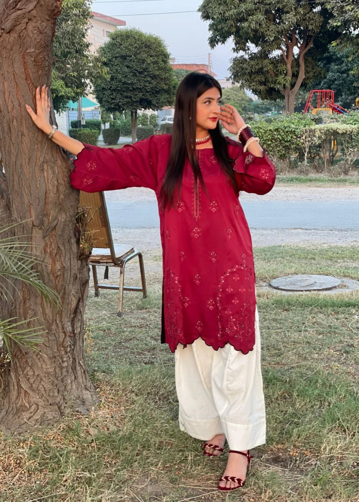 raw silk Kurta Set in Blood red, cream