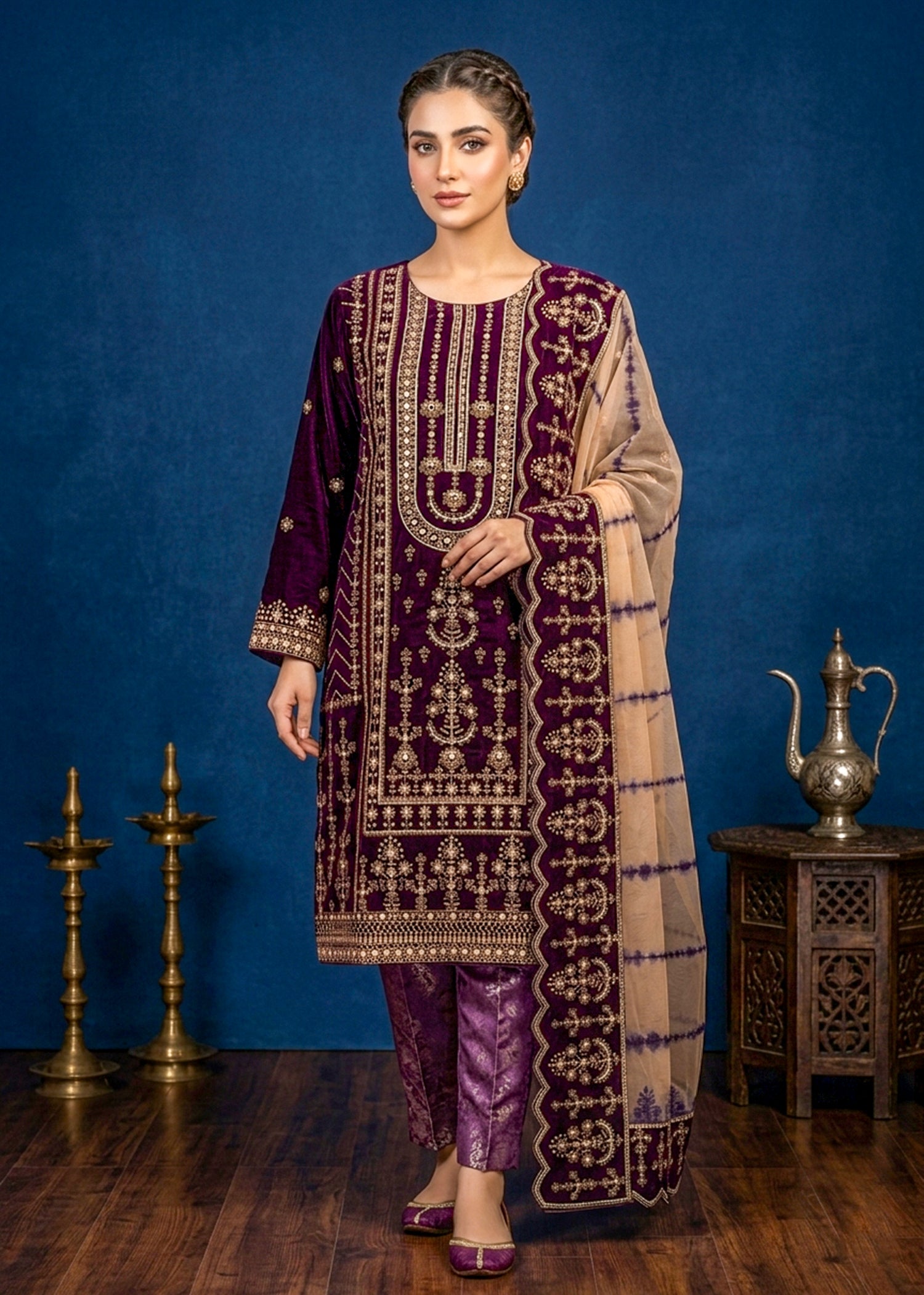 chinese micro velvet 9000 Kurta Set in Purple heart