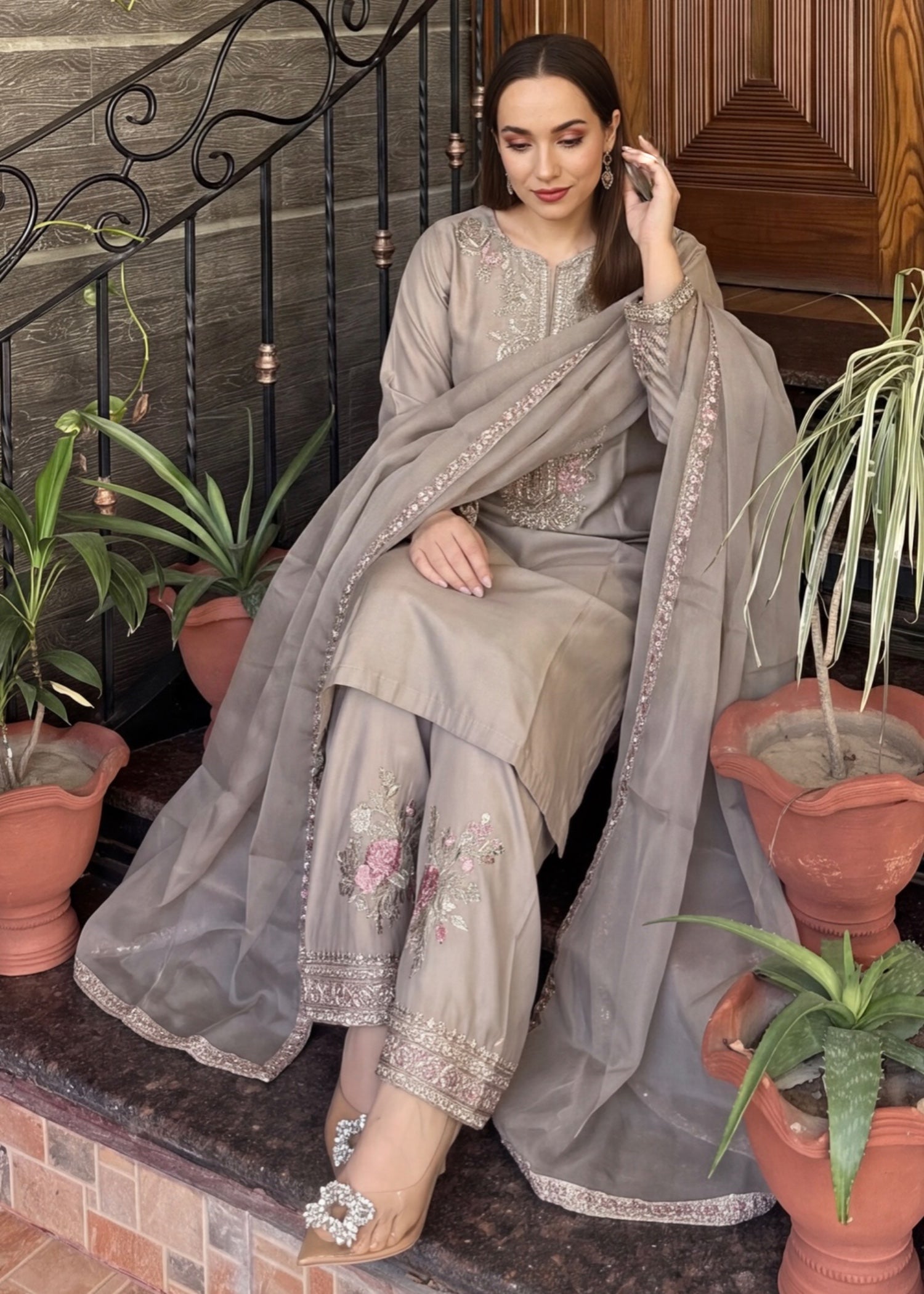 silk Kurta Set in Grey