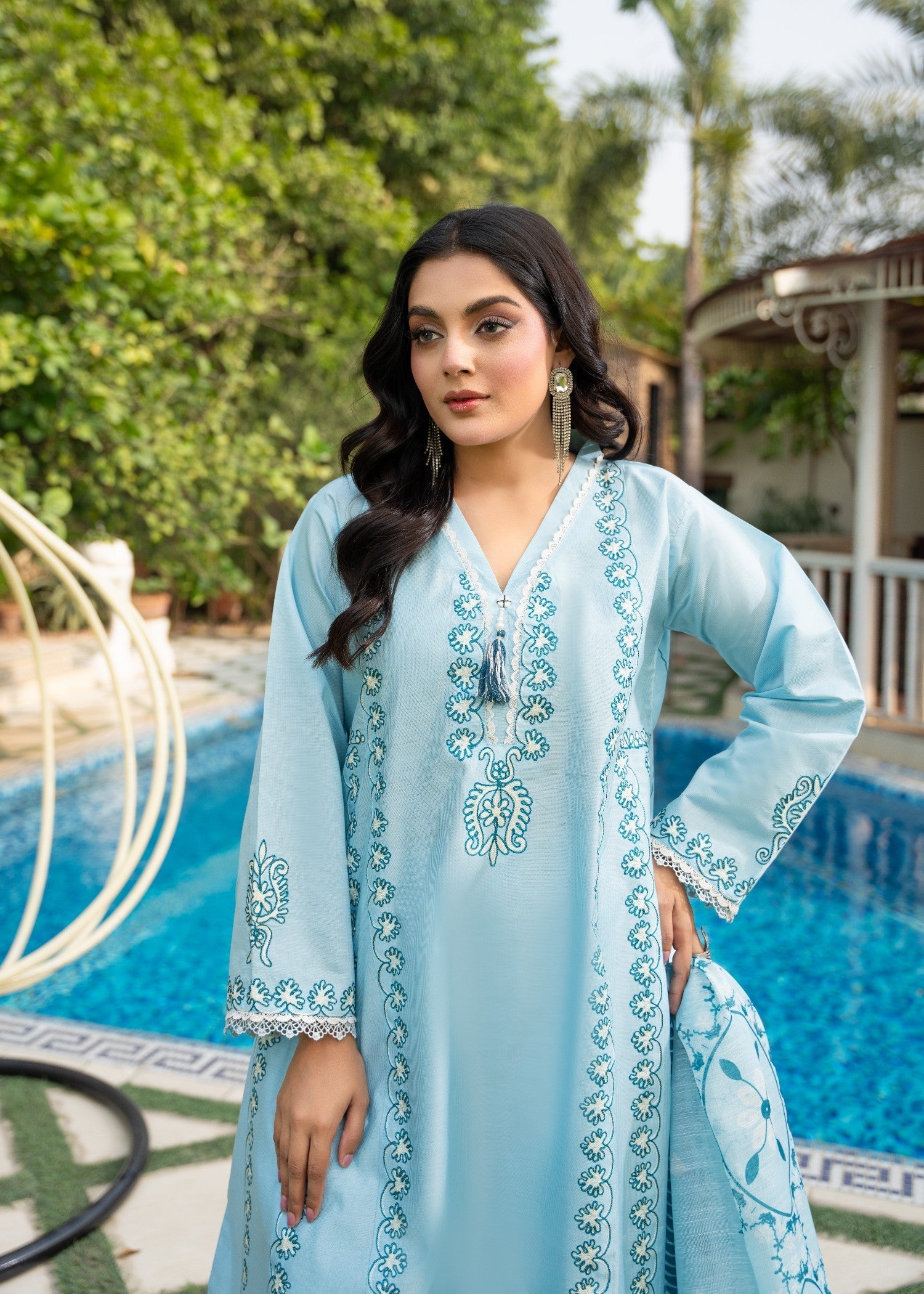 khaddi net Pishwas in Sky blue
