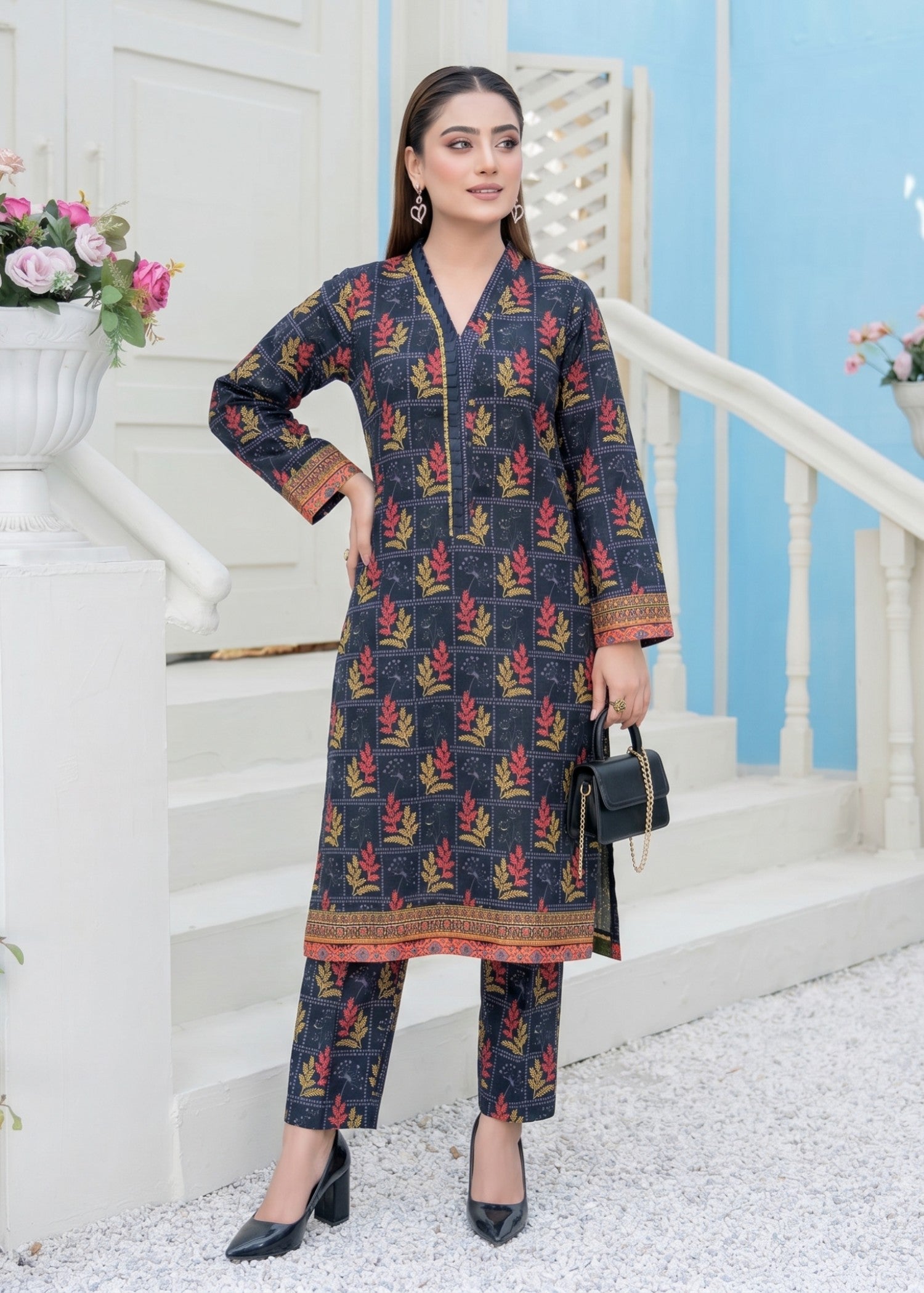 lawn Kurta Set in Carmine, aegean blue