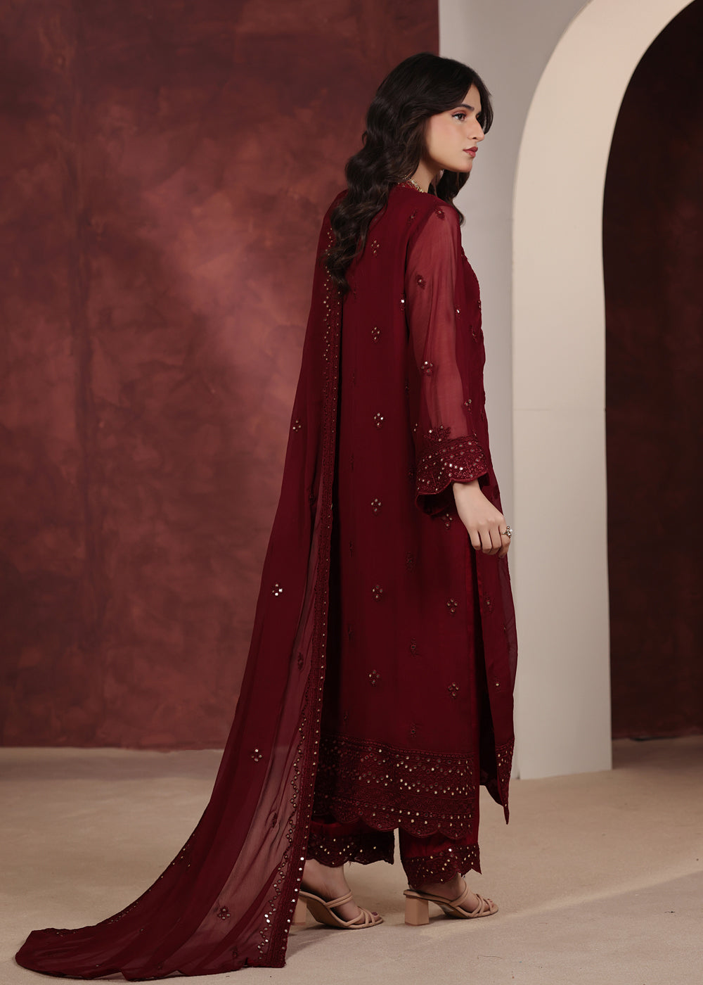 chiffon Kurta Set in Fire red