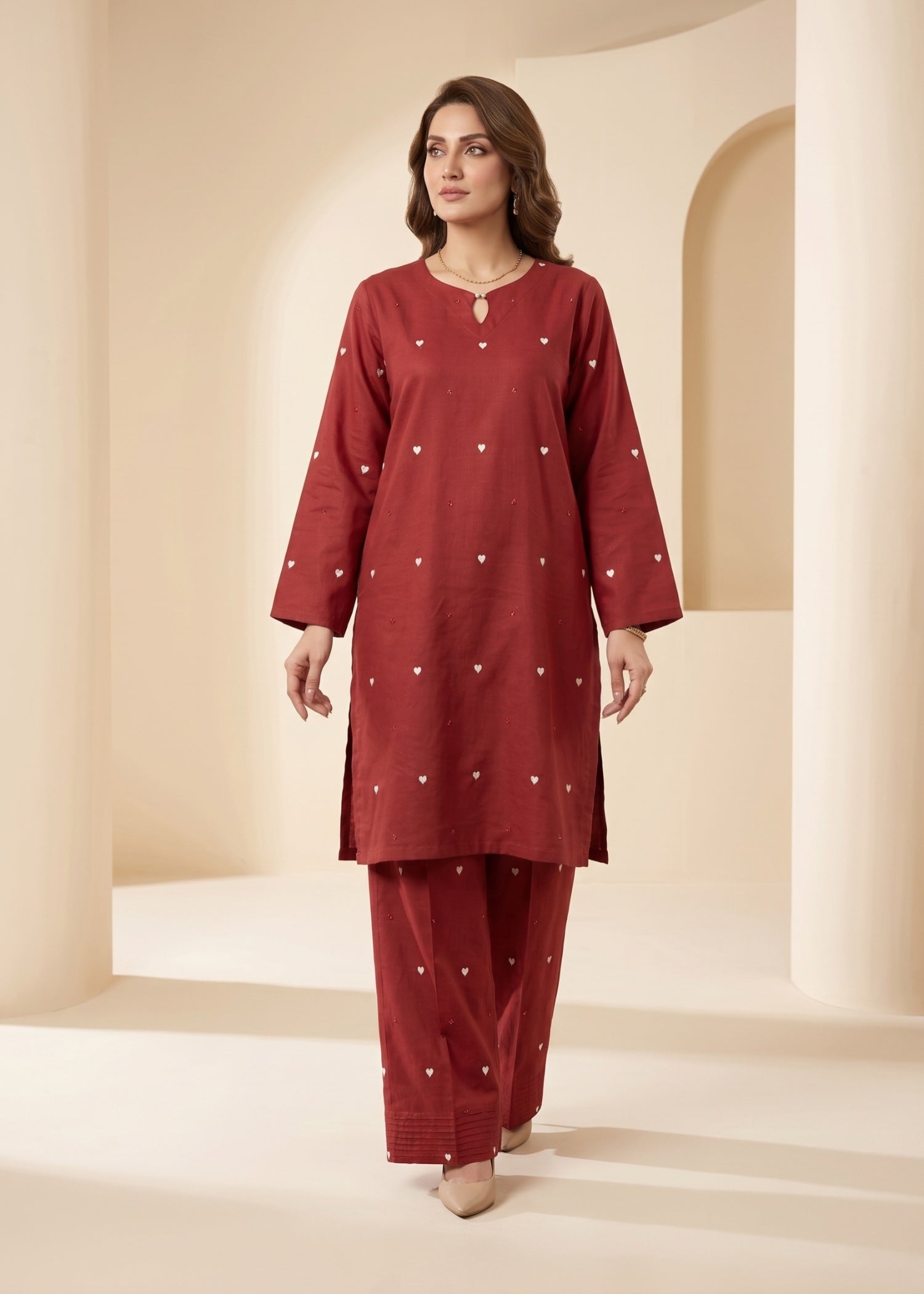 lawn cotton Co Ord Sets in Maroon