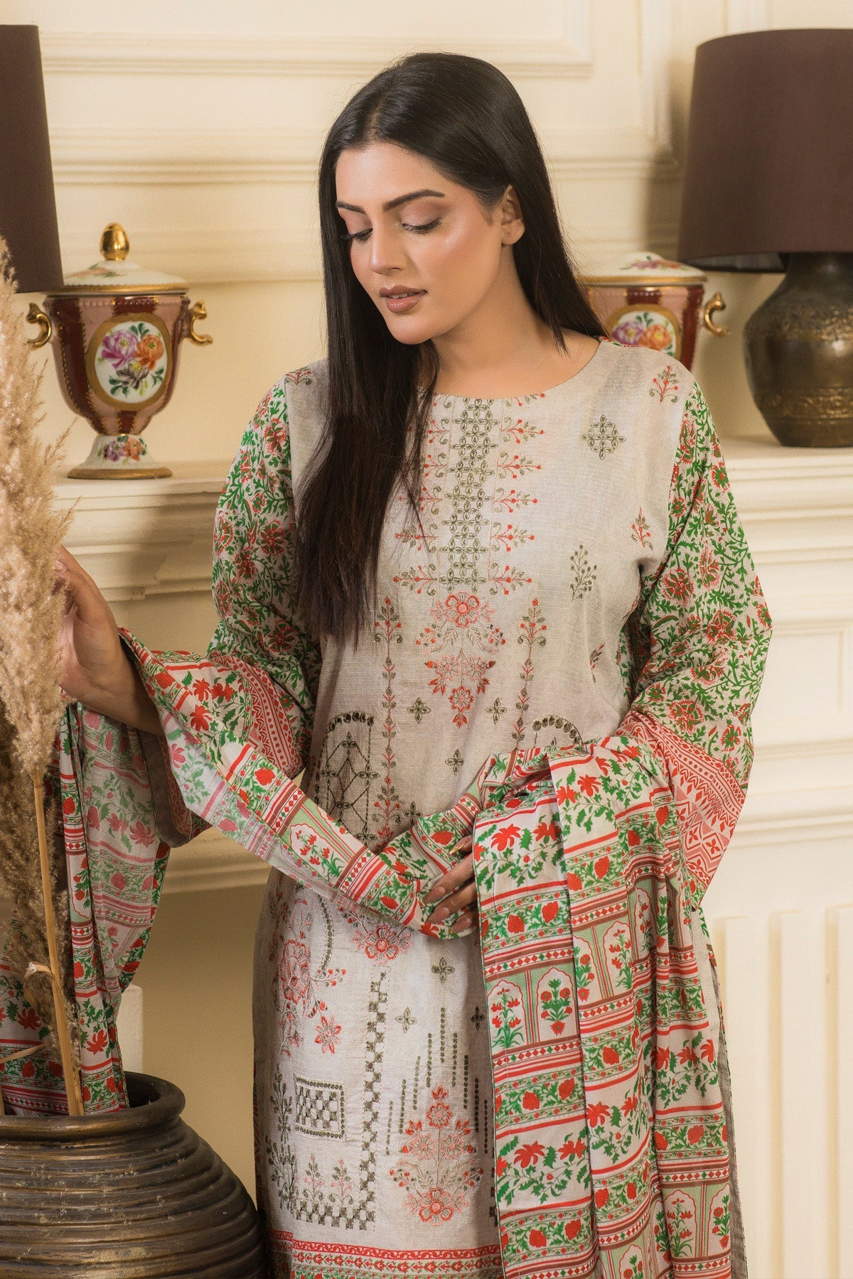 lawn voile Kurta Set in Ivory