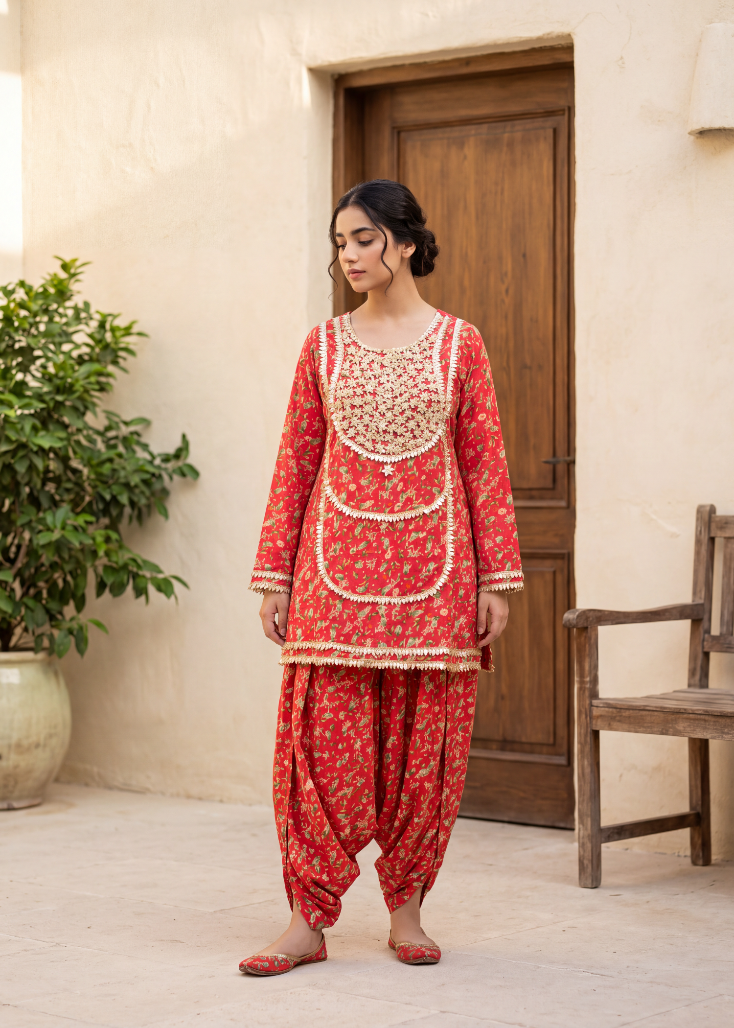 lawn Kurta Set in Coral red, scarlet fever, imperial red