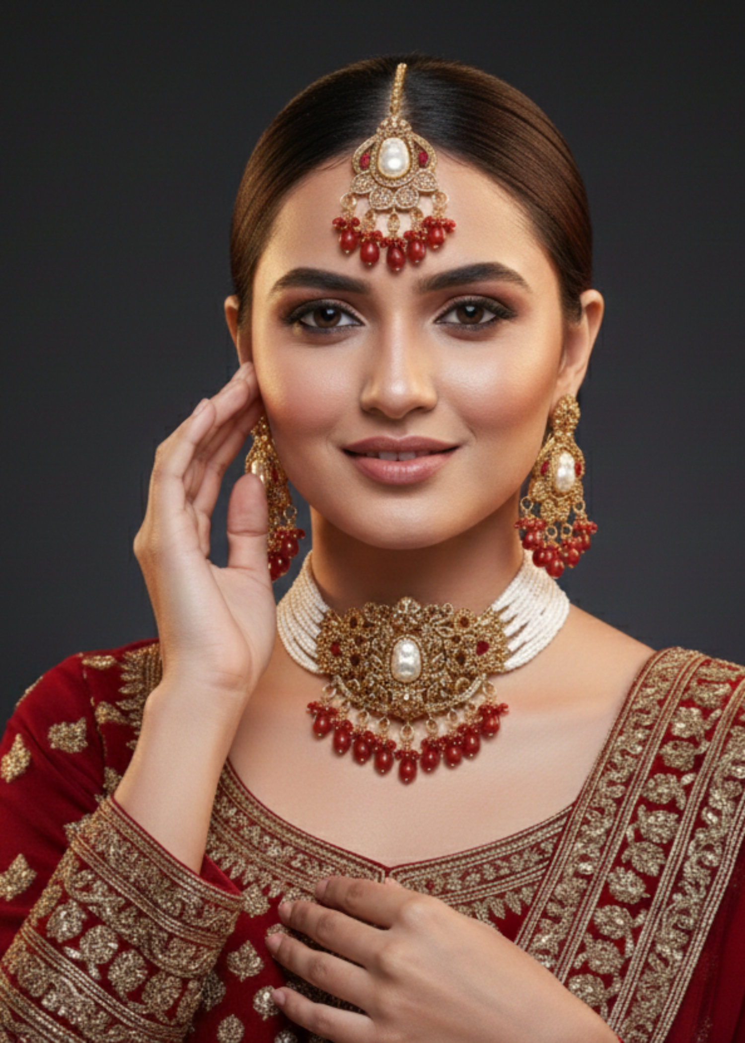 Choker in Champagne, pearl white, red Color by - Trendy Women Choker YHM9867