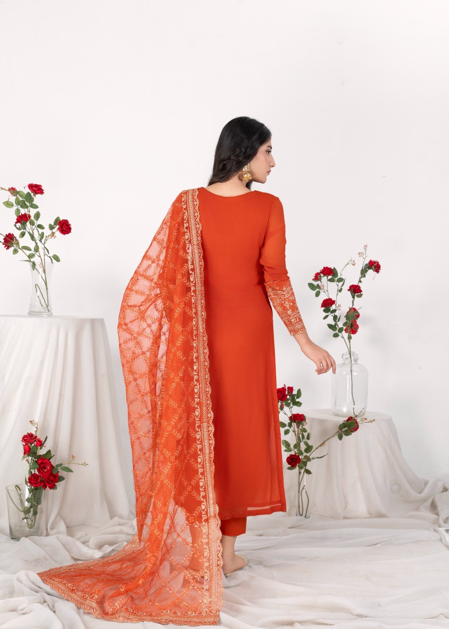 bemberg crinkle chiffon Kurta Set in Copper orange