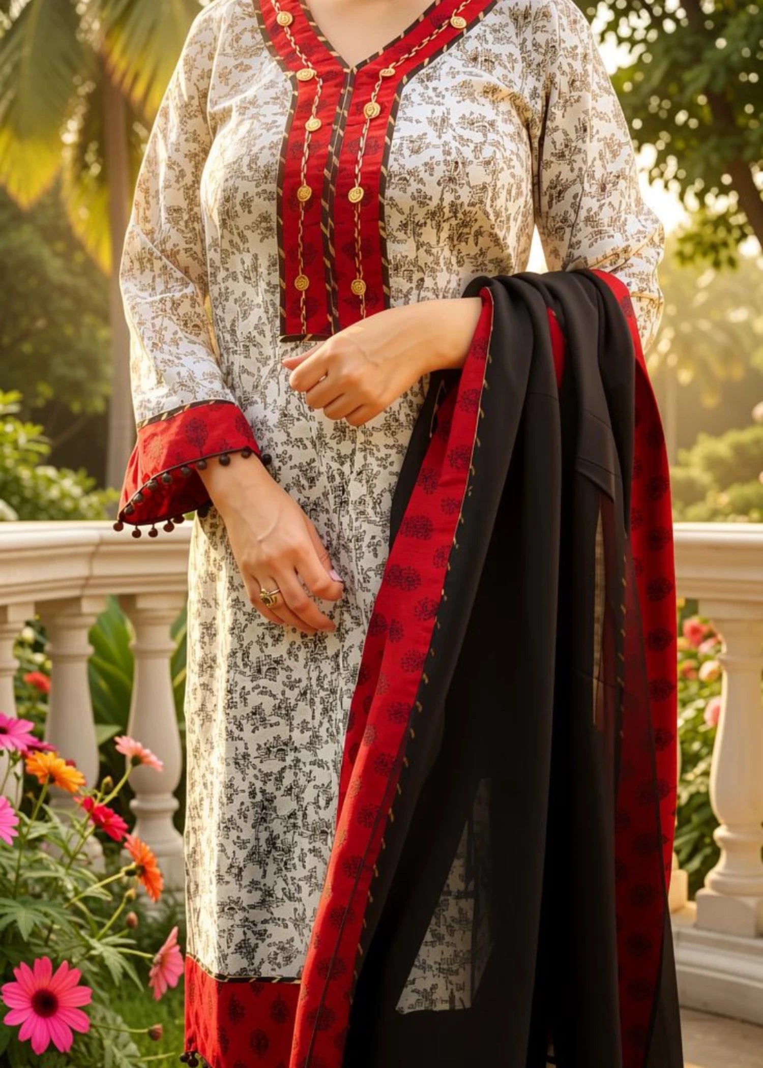lawn Kurta Set in Black, white, red