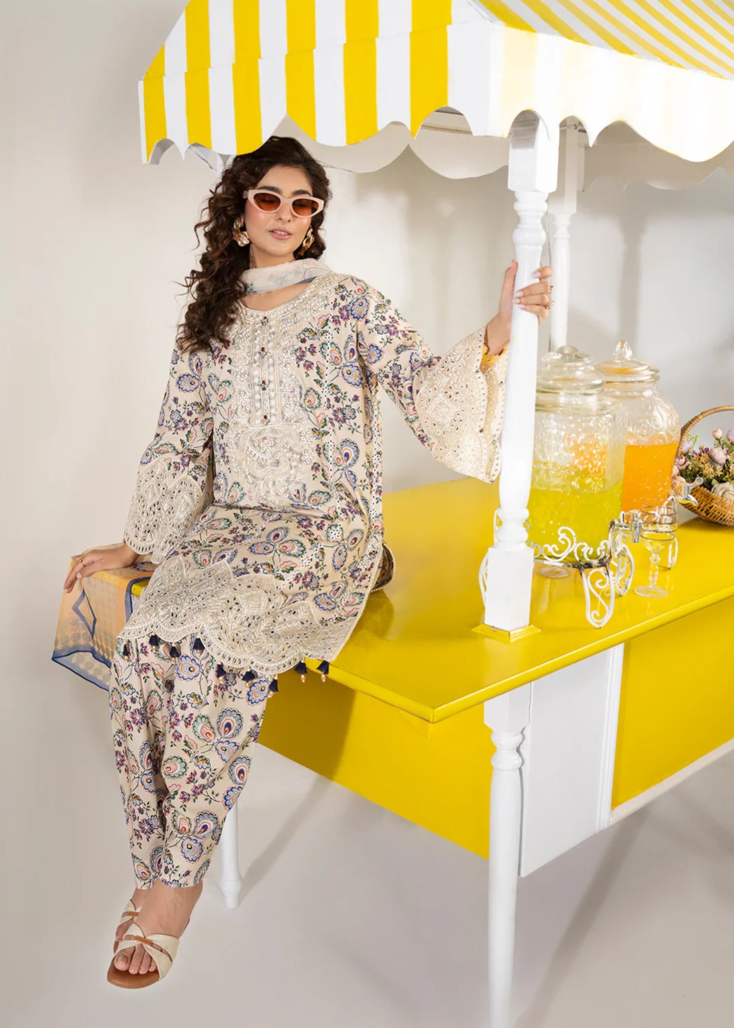 lawn cotton Kurta Set in Beige, multi