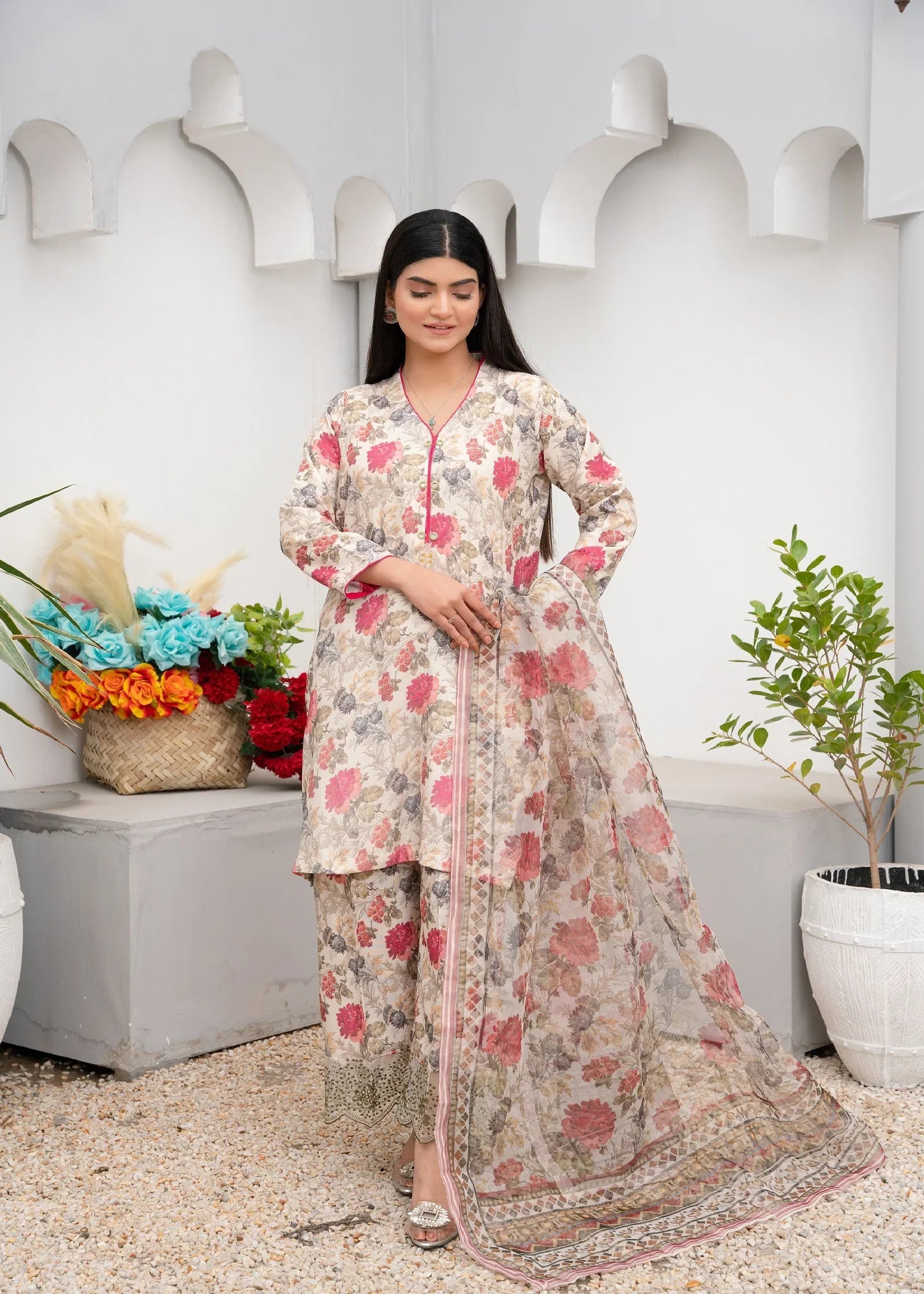 poly lawn Kurta Set in Eggshell
