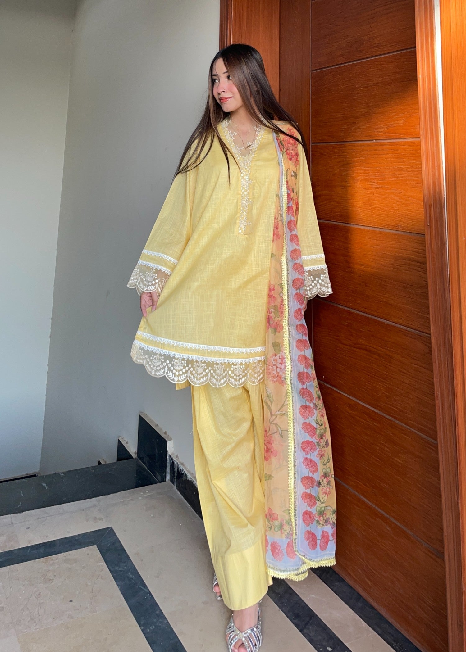 textured lawn Kurta Set in Pale yellow