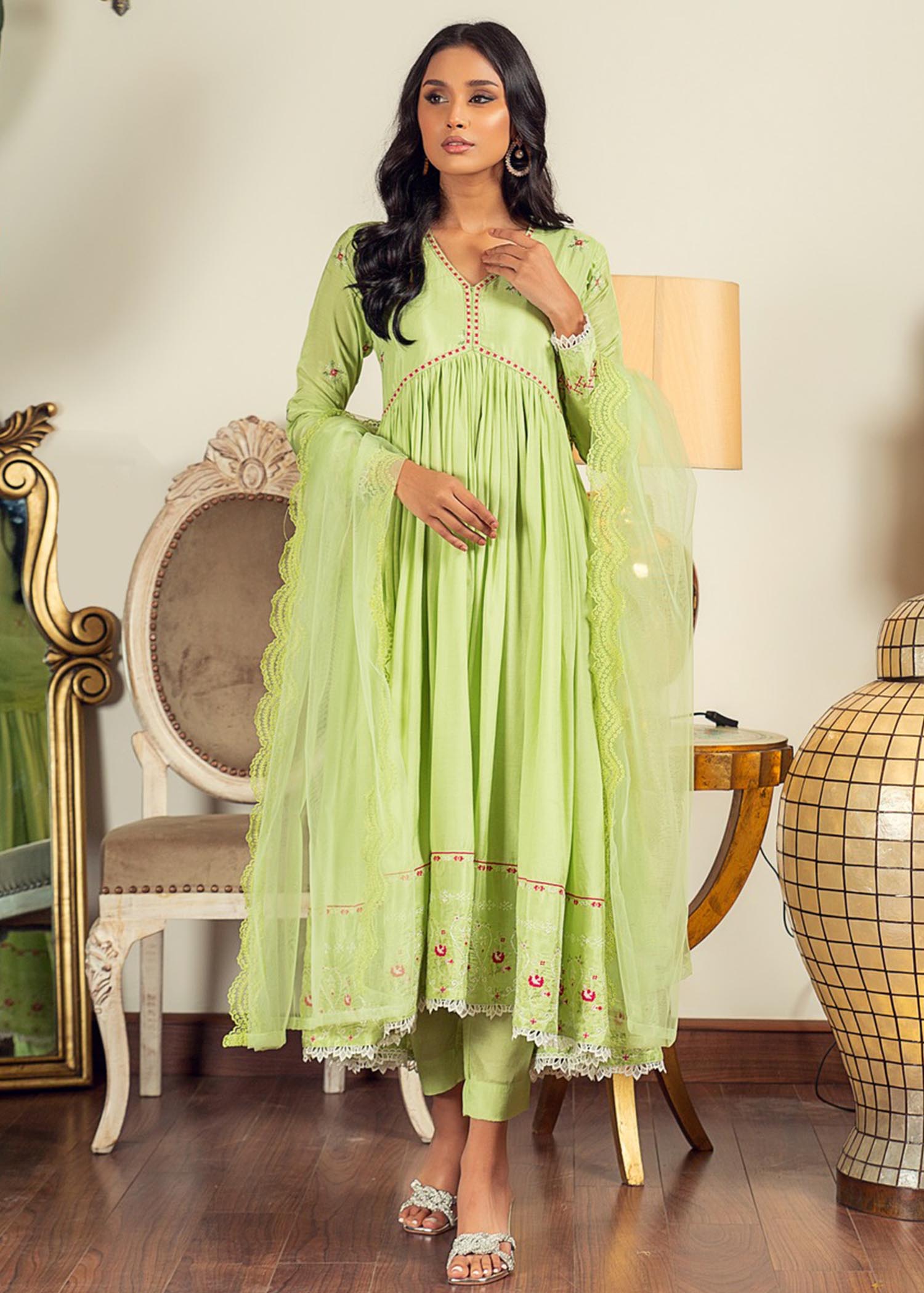 cotton silk Pishwas in Apple green