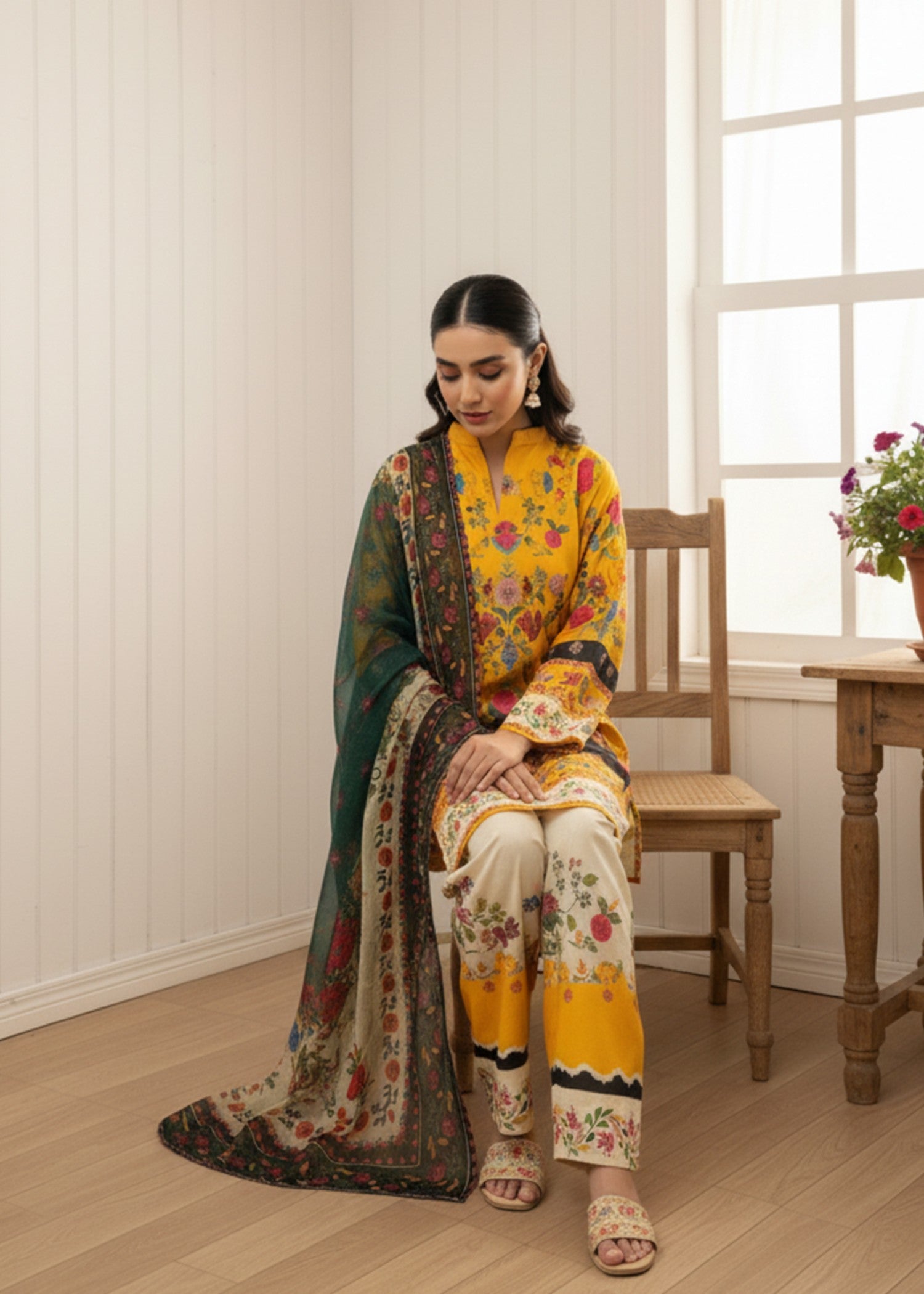 poly lawn Kurta Set in Saffron