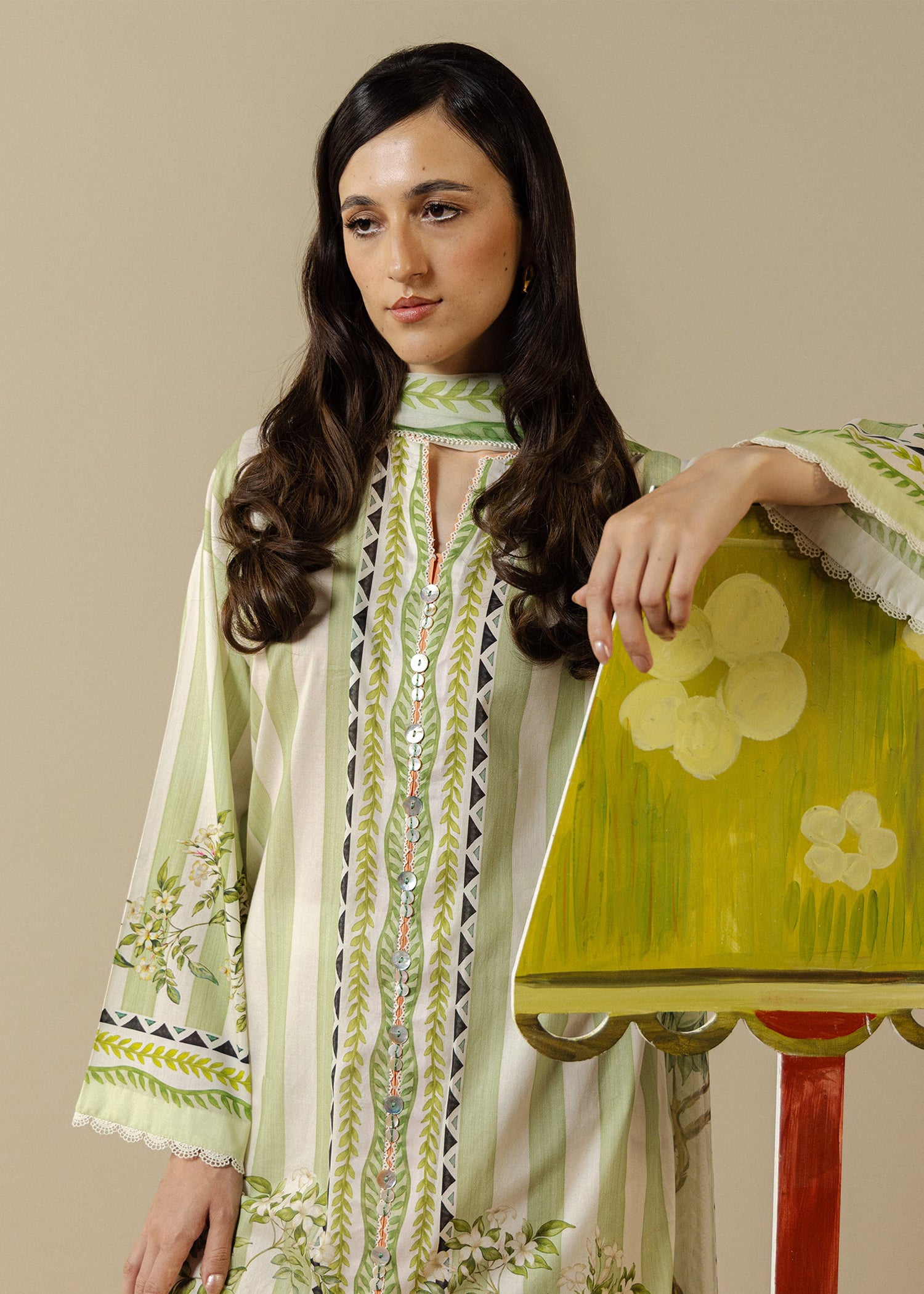 lawn Unstitched in Tea green, light yellow
