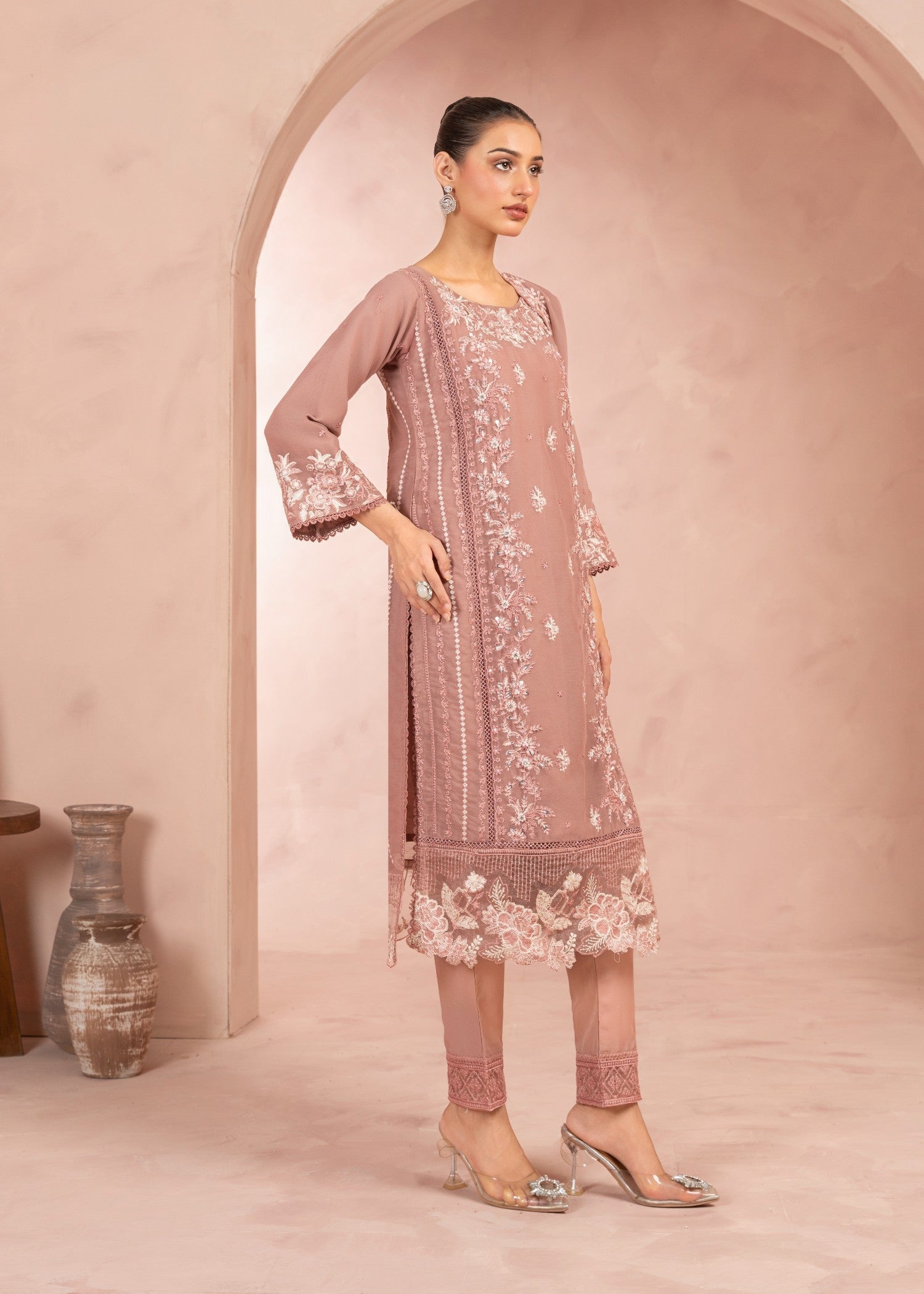 chiffon Kurta Set in Indian pink