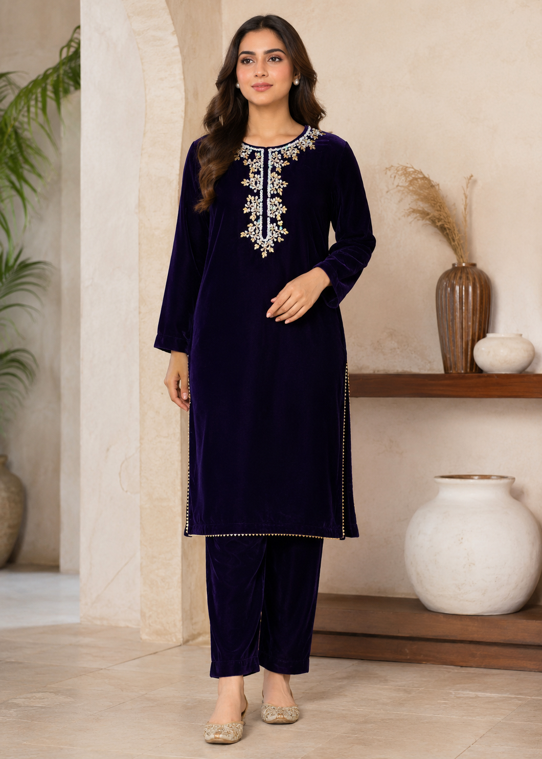 chinese micro velvet 9000 Kurta Set in Purple