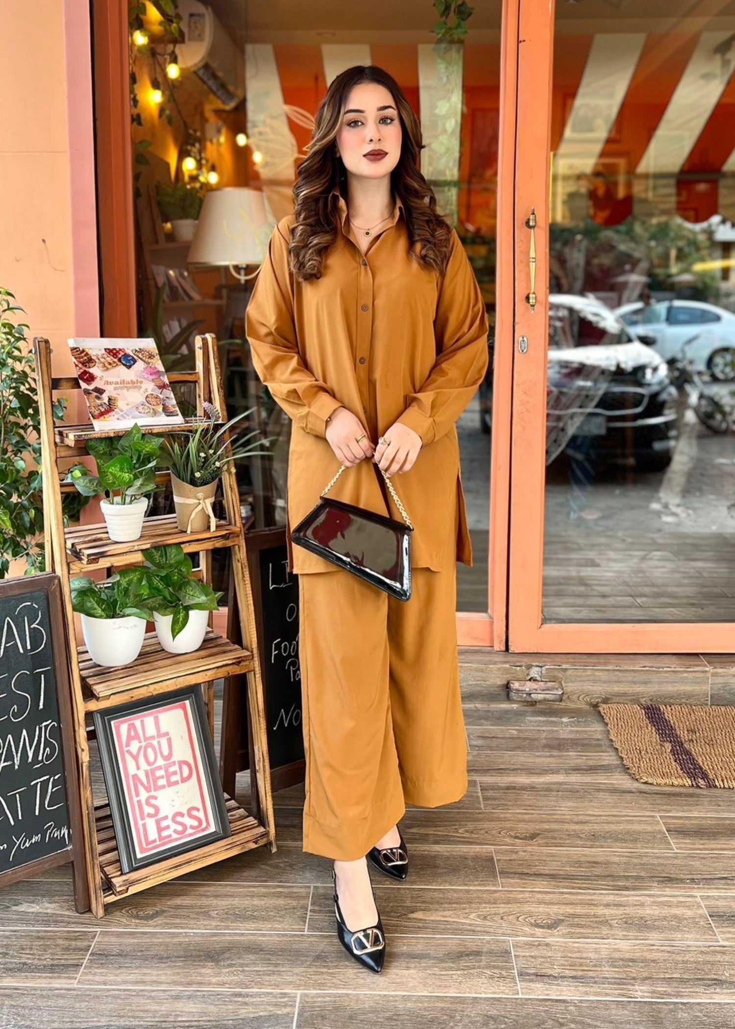 crepe Co ord Sets in Caramel brown