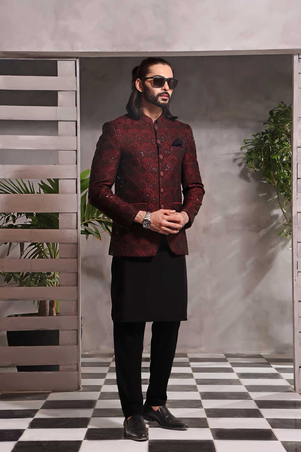 jamawar Prince Coat in Maroon
