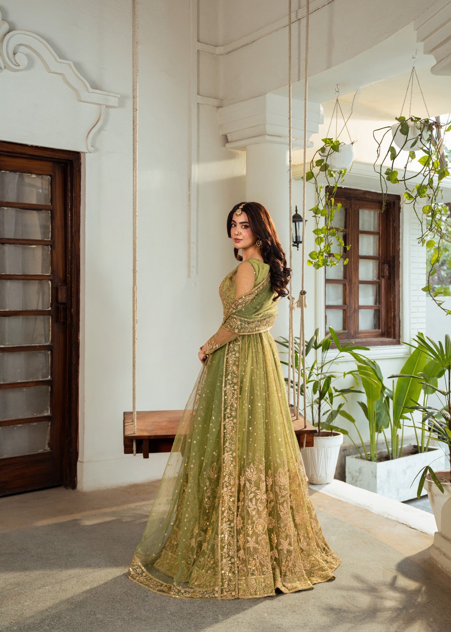 net Lehenga in Olive green