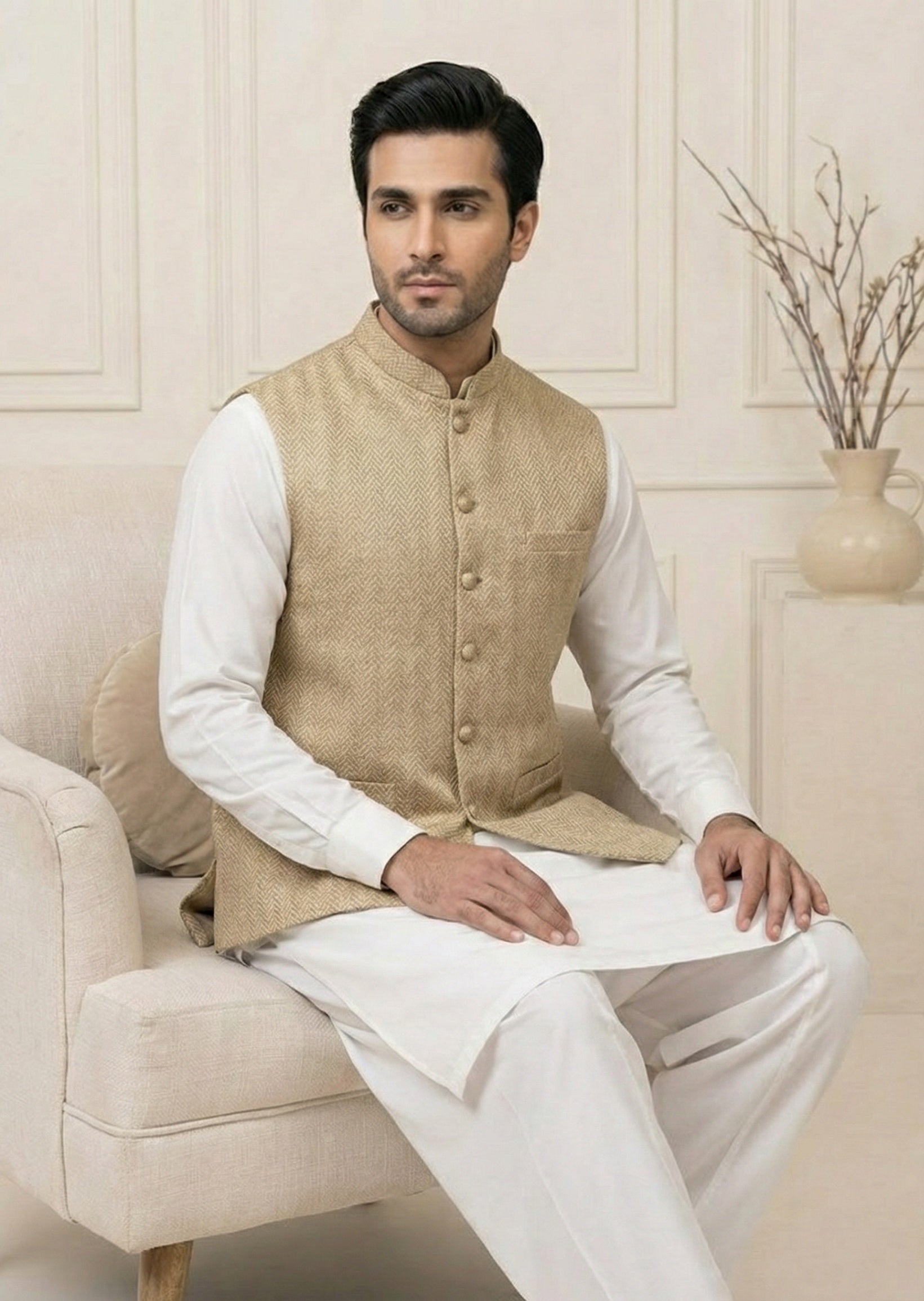 traditional jamawar Waistcoat in Gold by Real Image Clothing