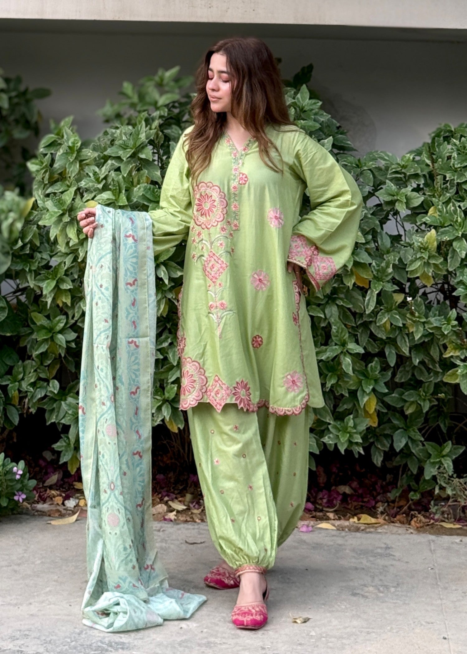 lawn Kurta Set in Lime green