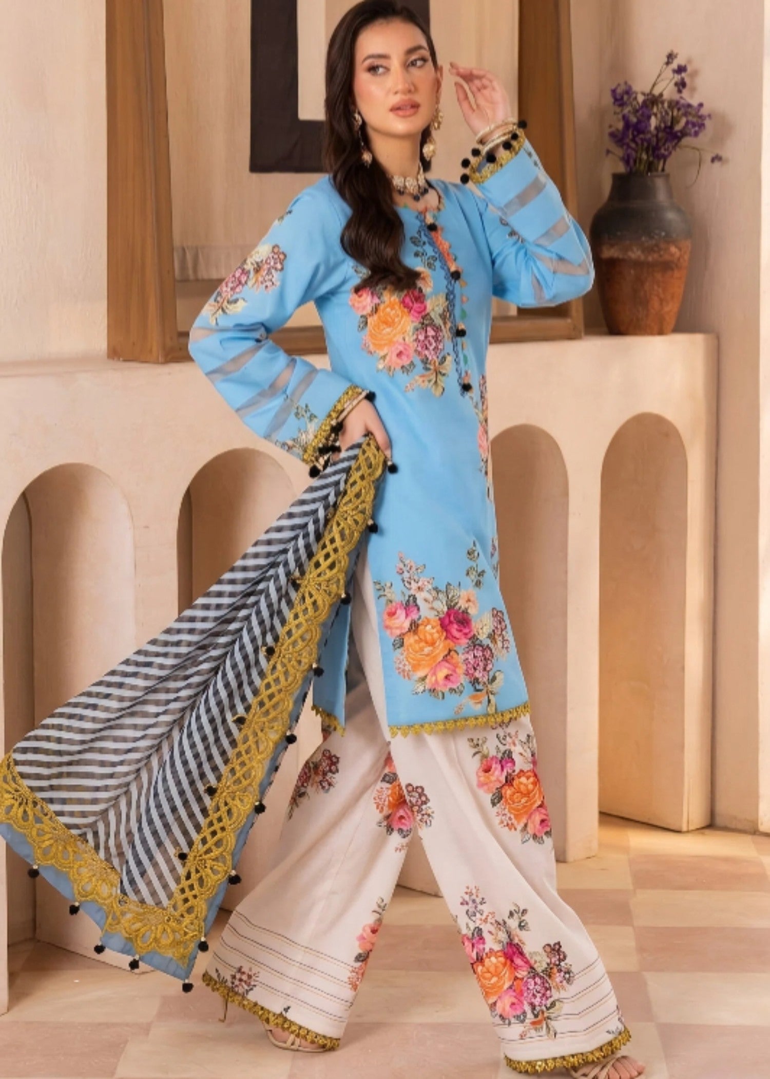 poly lawn Kurta Set in Sky blue, white