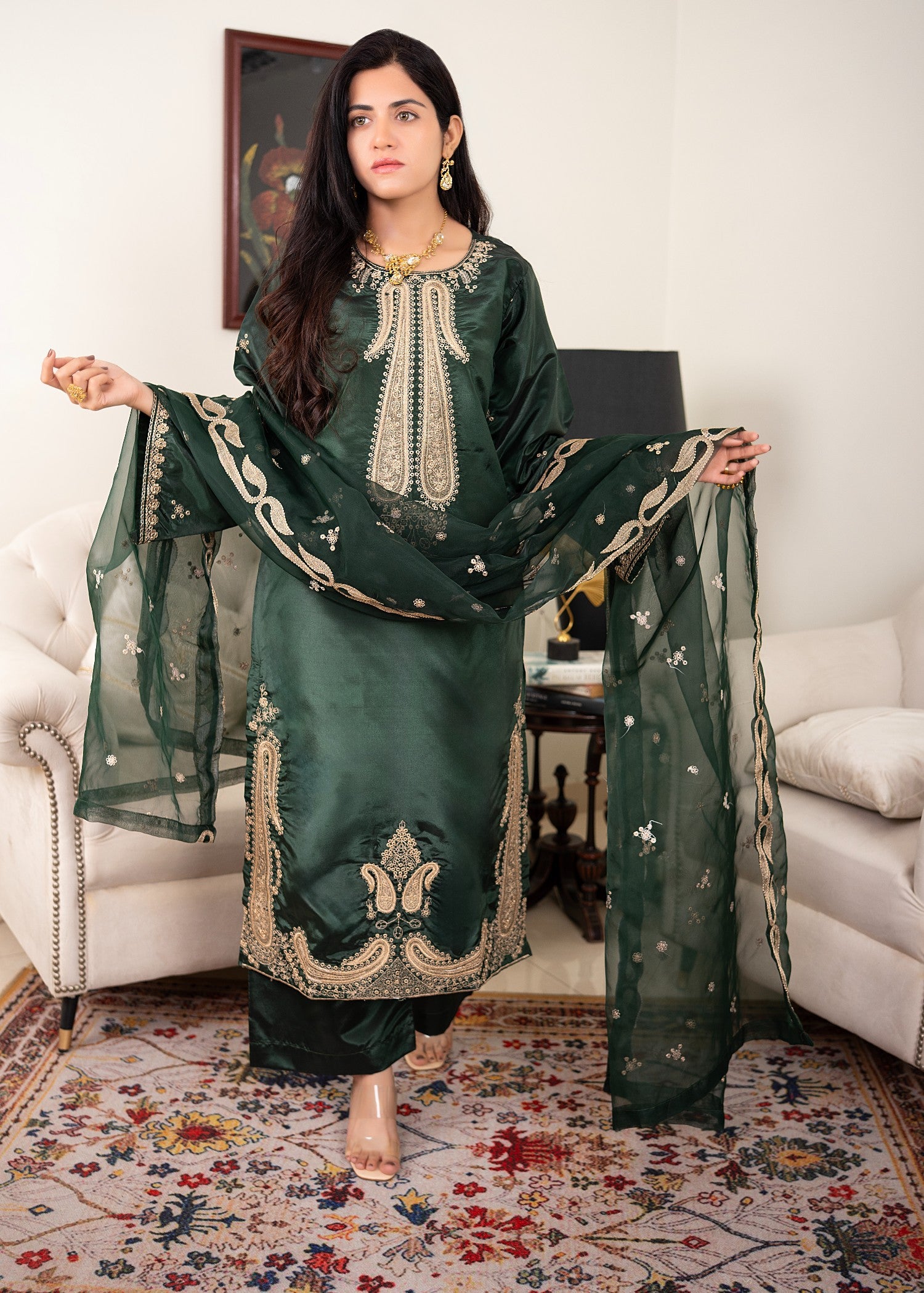 kattan silk Kurta Set in Dark green