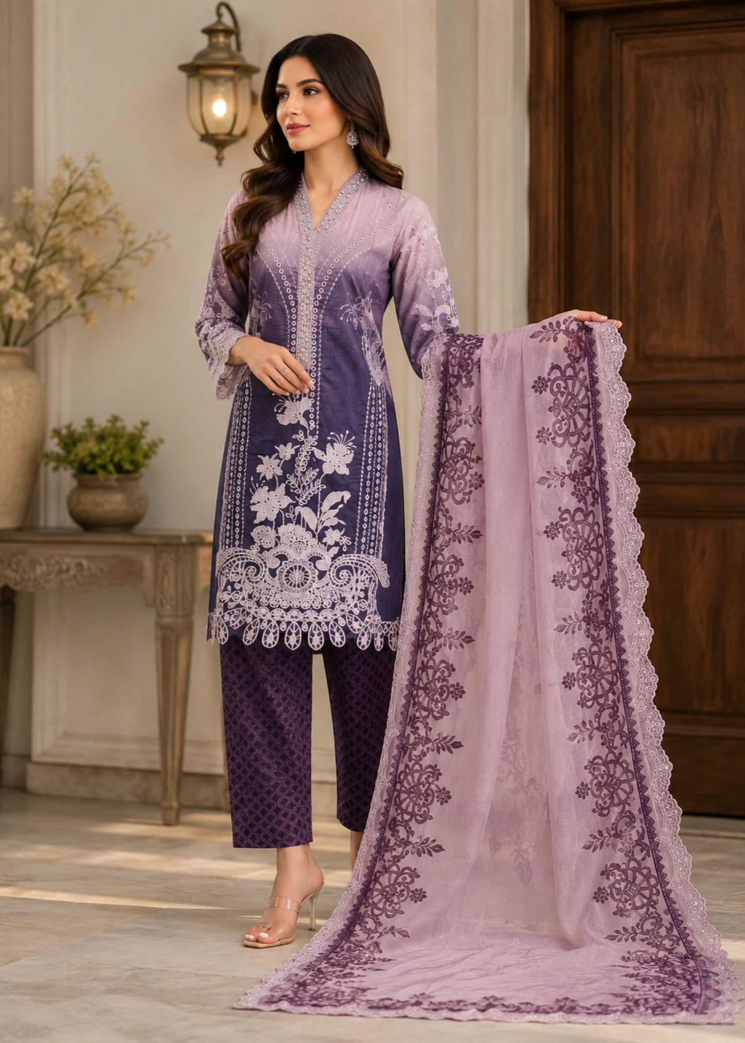 lawn Kurta Set in Lilac, purple heart