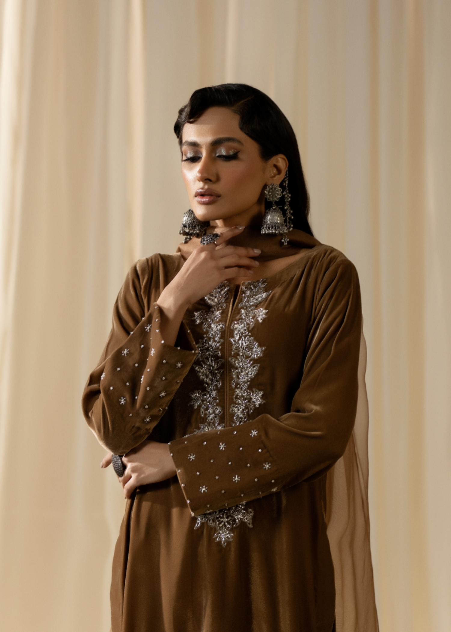 chinese micro velvet 9000 Kurta Set in Earth brown