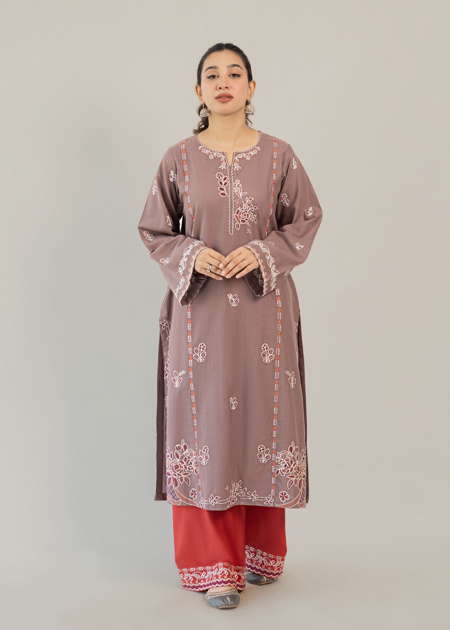 slub khaddar Kurta Set in Red, mauve