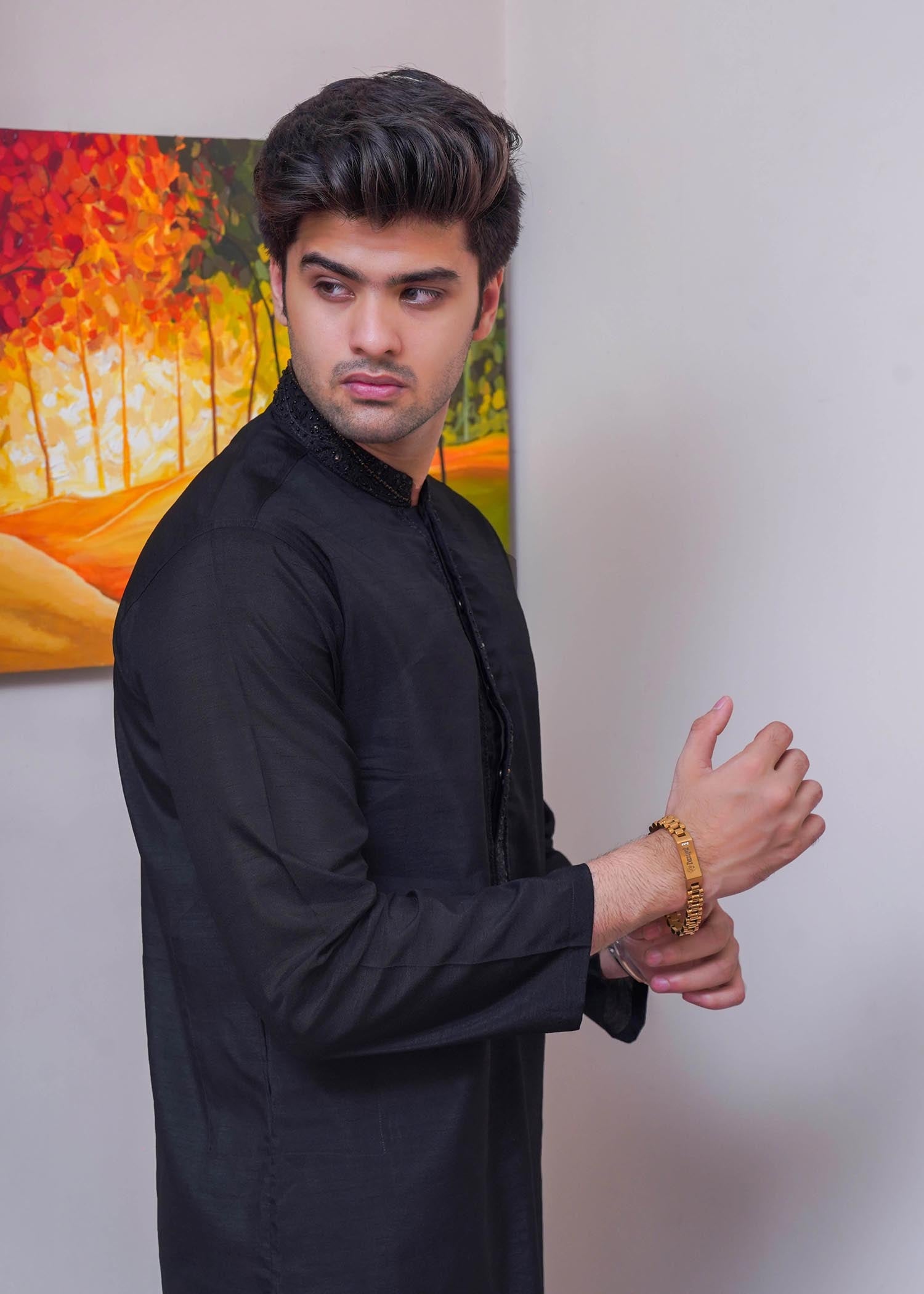 raw silk Kurta Set in Black by Real Image Clothing