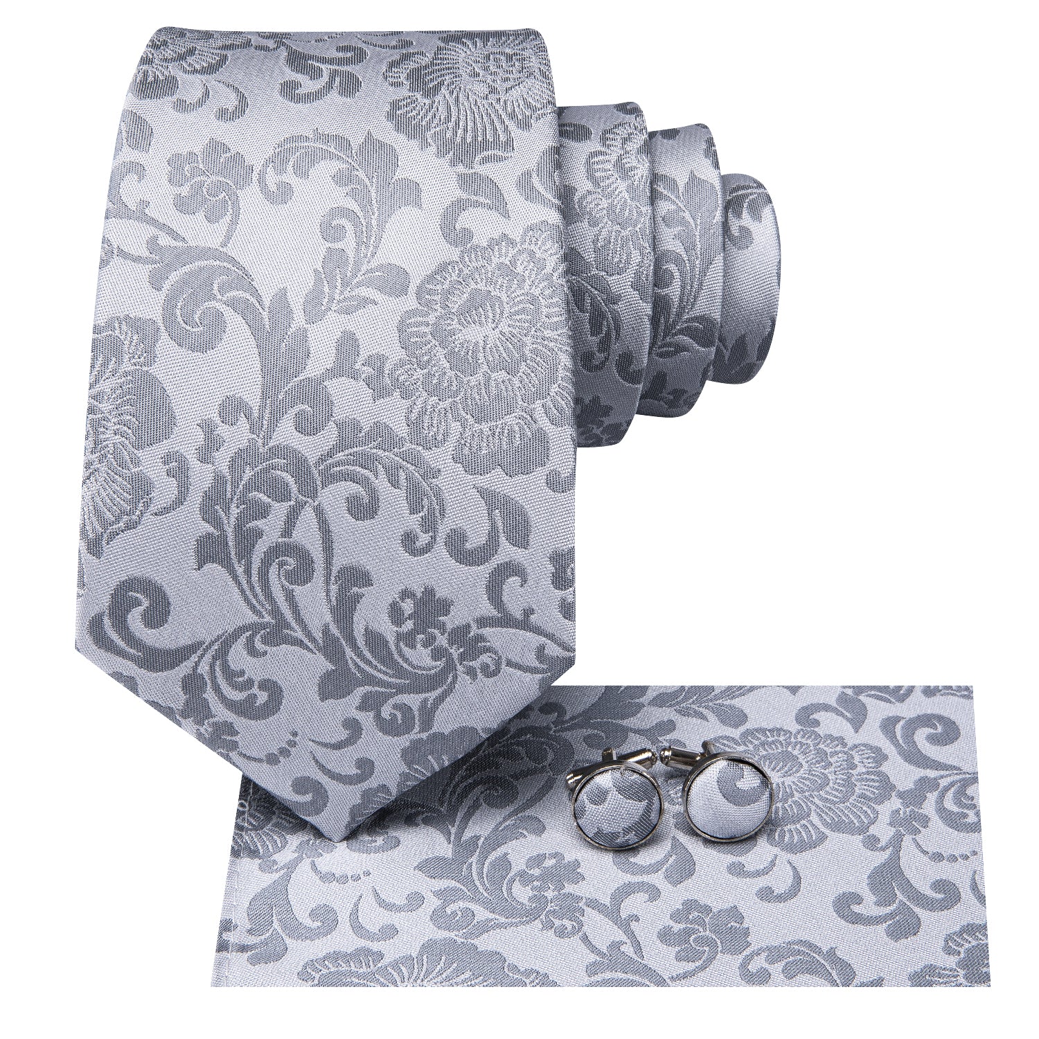 Elegant Silver Grey Floral Men's Necktie Set